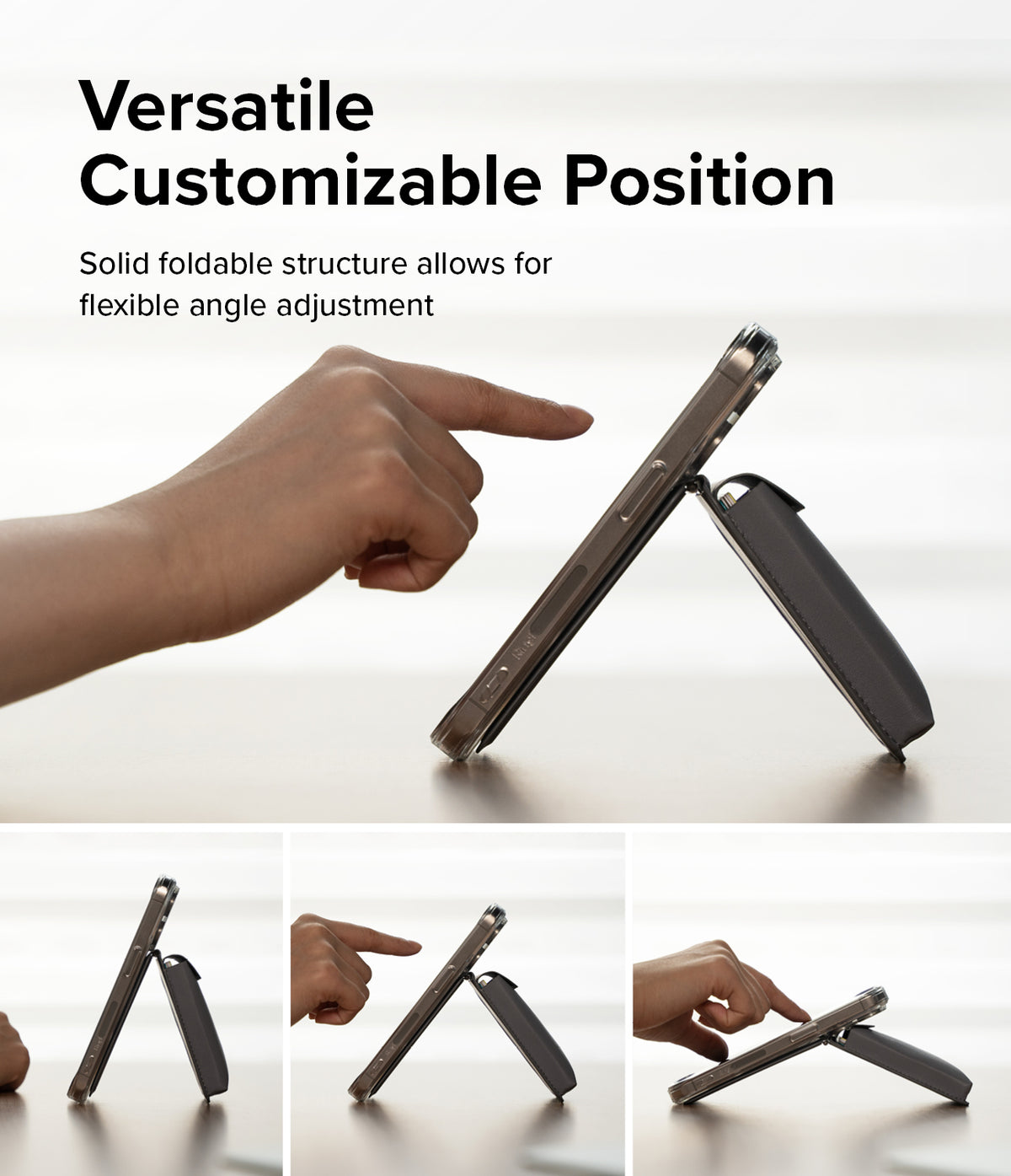Card Holder | Stand Pocket Magnetic - Hand adjusting a phone on a magnetic stand pocket to various viewing angles.