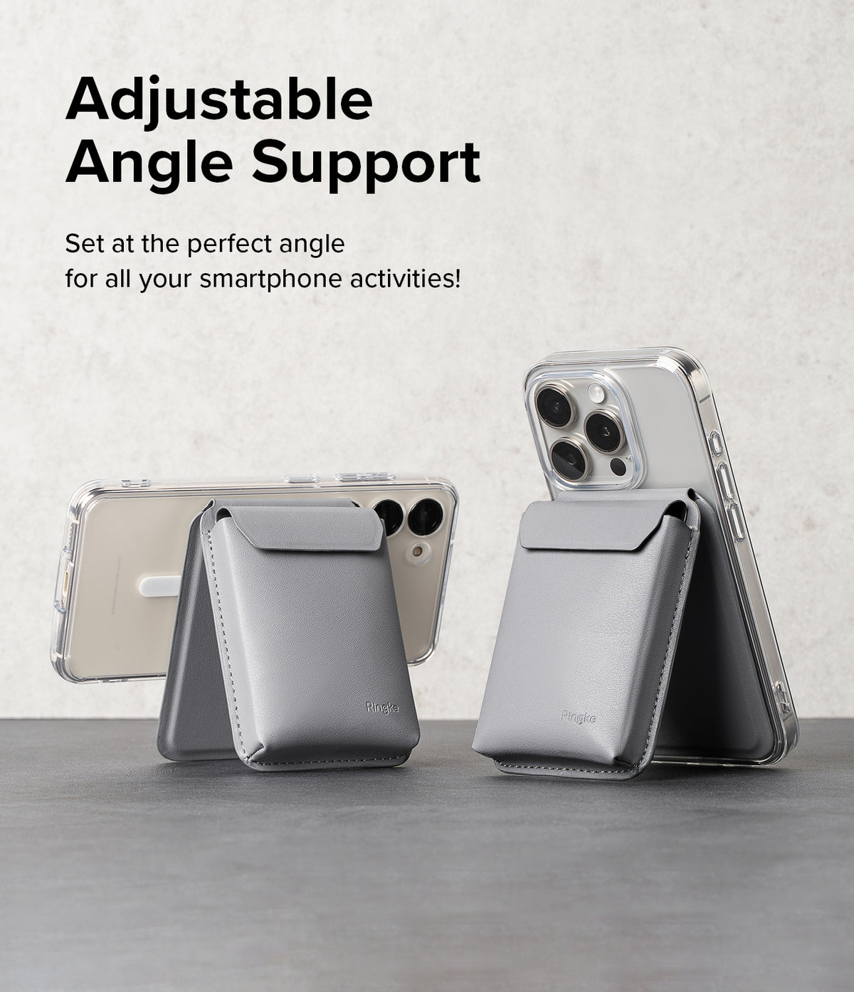 Card Holder | Stand Pocket Magnetic - Two grey magnetic card holders attached to smartphones, propped up as stands.
