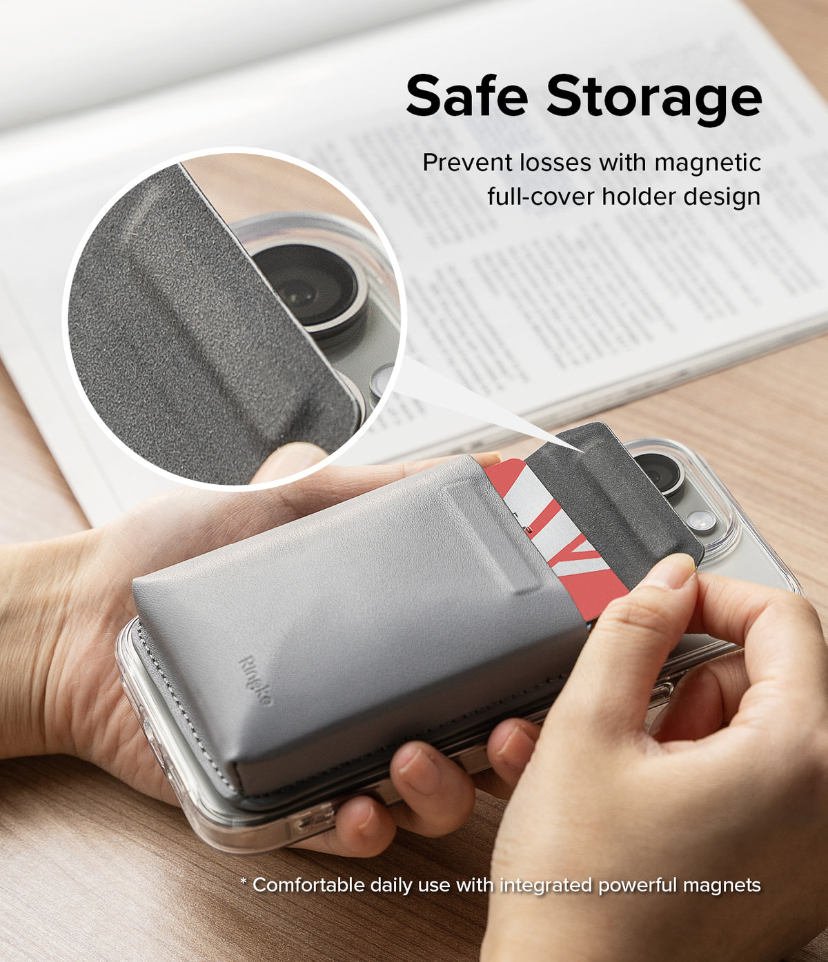 Card Holder | Stand Pocket Magnetic - Gray magnetic phone card holder with a full-cover flap securing a credit card.