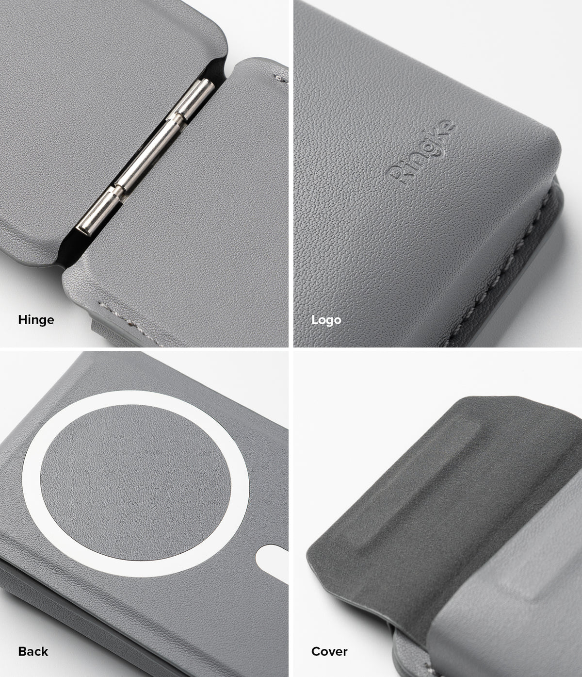 Card Holder | Stand Pocket Magnetic - Four close-up views showing the metal hinge, embossed logo, magnetic ring, and cover.