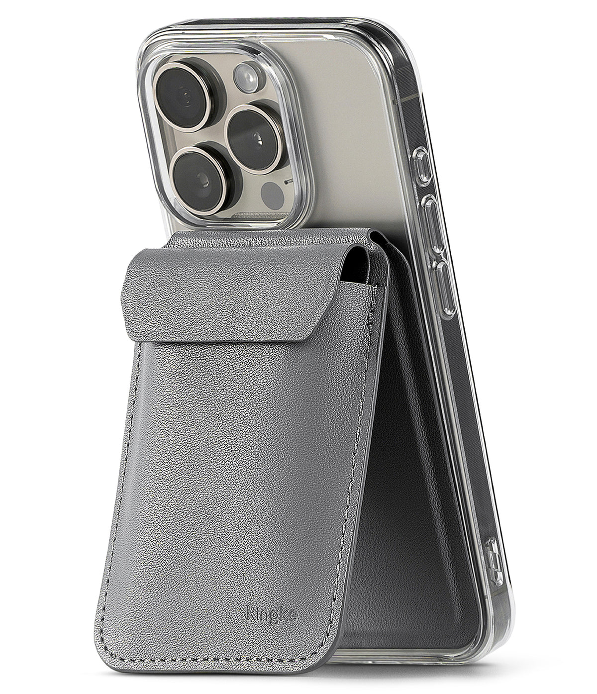 Card Holder | Stand Wallet Magnetic - Grey magnetic wallet attached to a smartphone, folded into a kickstand position.