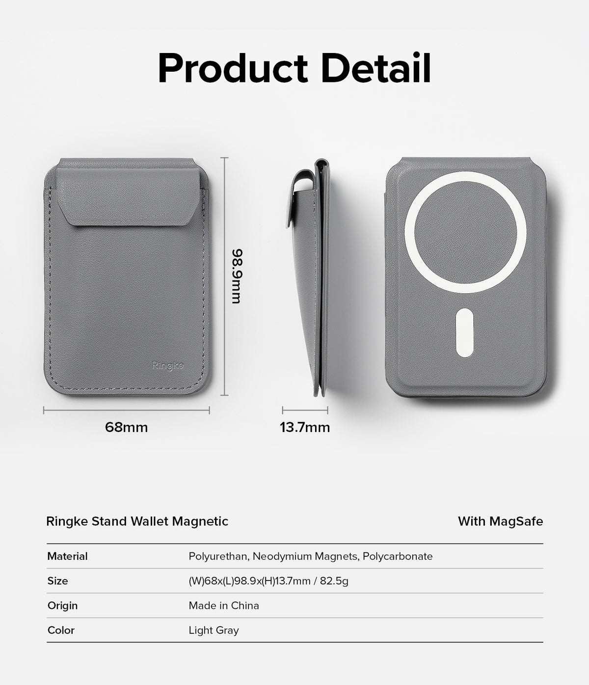 Card Holder | Stand Wallet Magnetic - Gray magnetic wallet showing front, side, and back views with dimensions and specs.