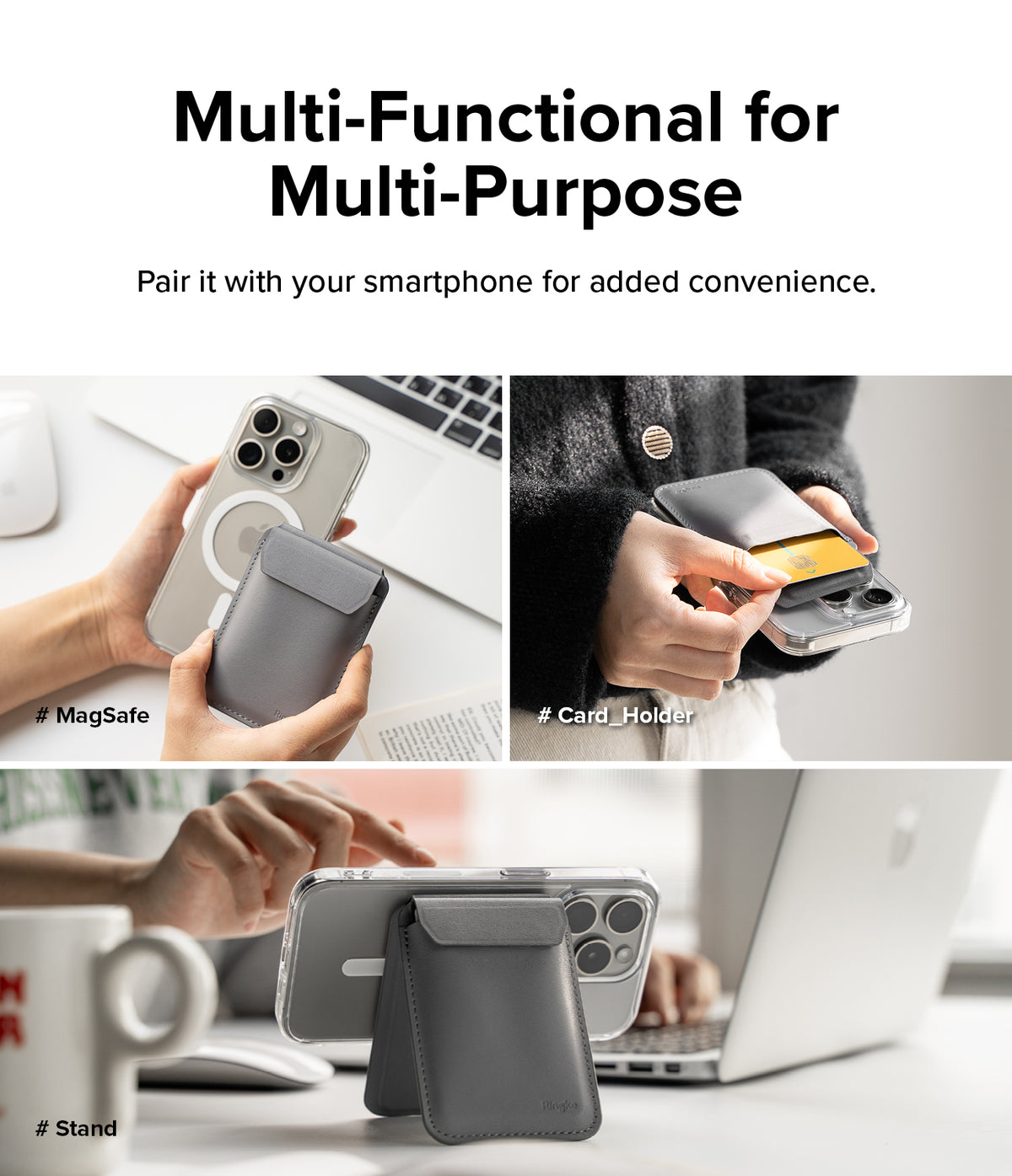 Card Holder | Stand Wallet Magnetic - Grey magnetic wallet attached to a phone, holding a card, and acting as a phone stand.