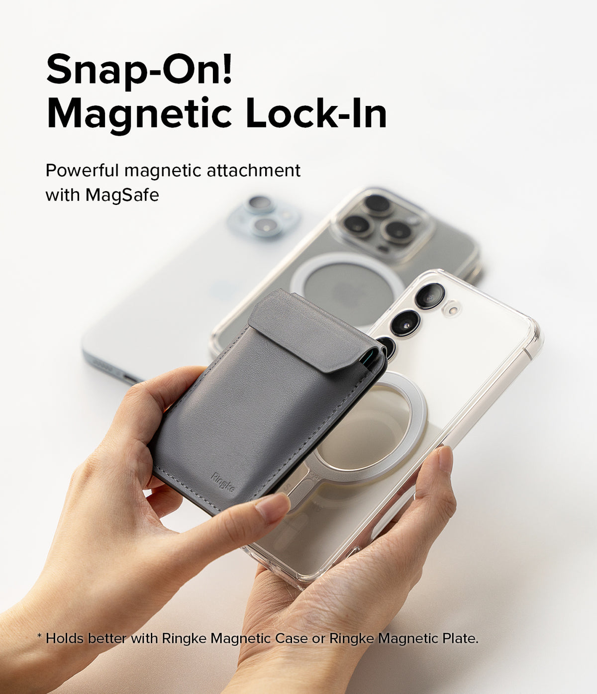 Card Holder | Stand Wallet Magnetic - Hands attaching a grey magnetic wallet to a clear phone case with MagSafe.