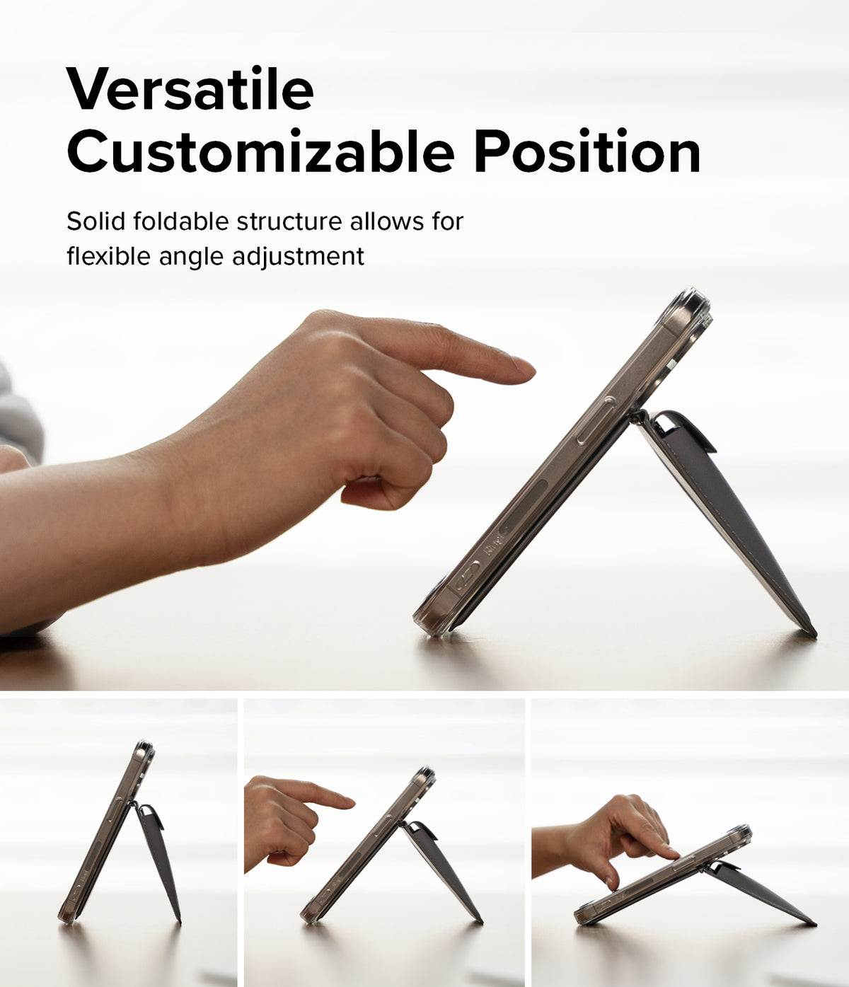 Card Holder | Stand Wallet Magnetic - Hand adjusting a phone on a magnetic stand wallet at various viewing angles.