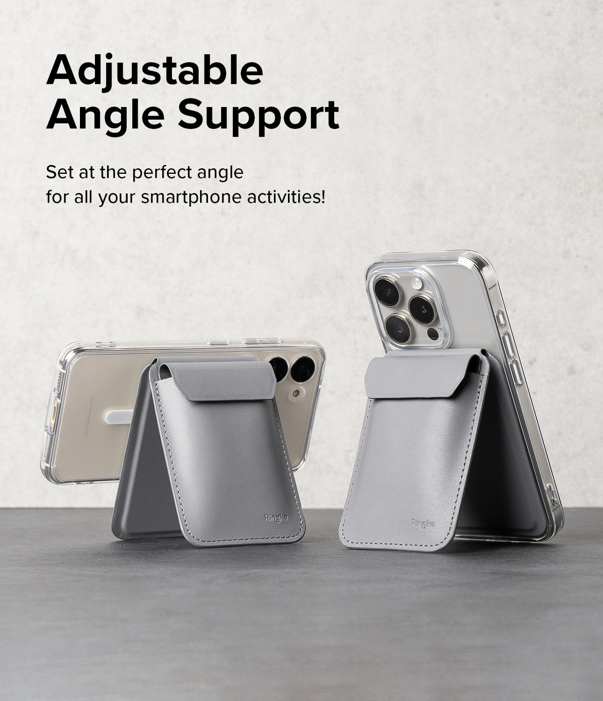 Card Holder | Stand Wallet Magnetic - Two grey magnetic wallets attached to smartphones, propped up as stands on a table.