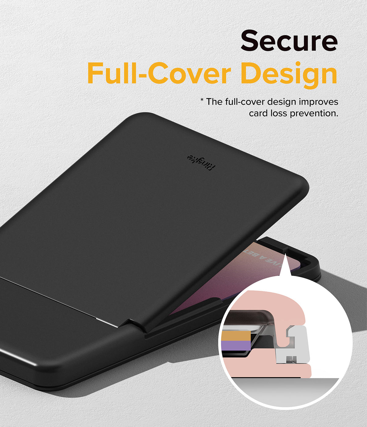 Card Holder | Stand Slot - Black card holder with a full-cover design and a circular inset showing the secure locking mechanism.
