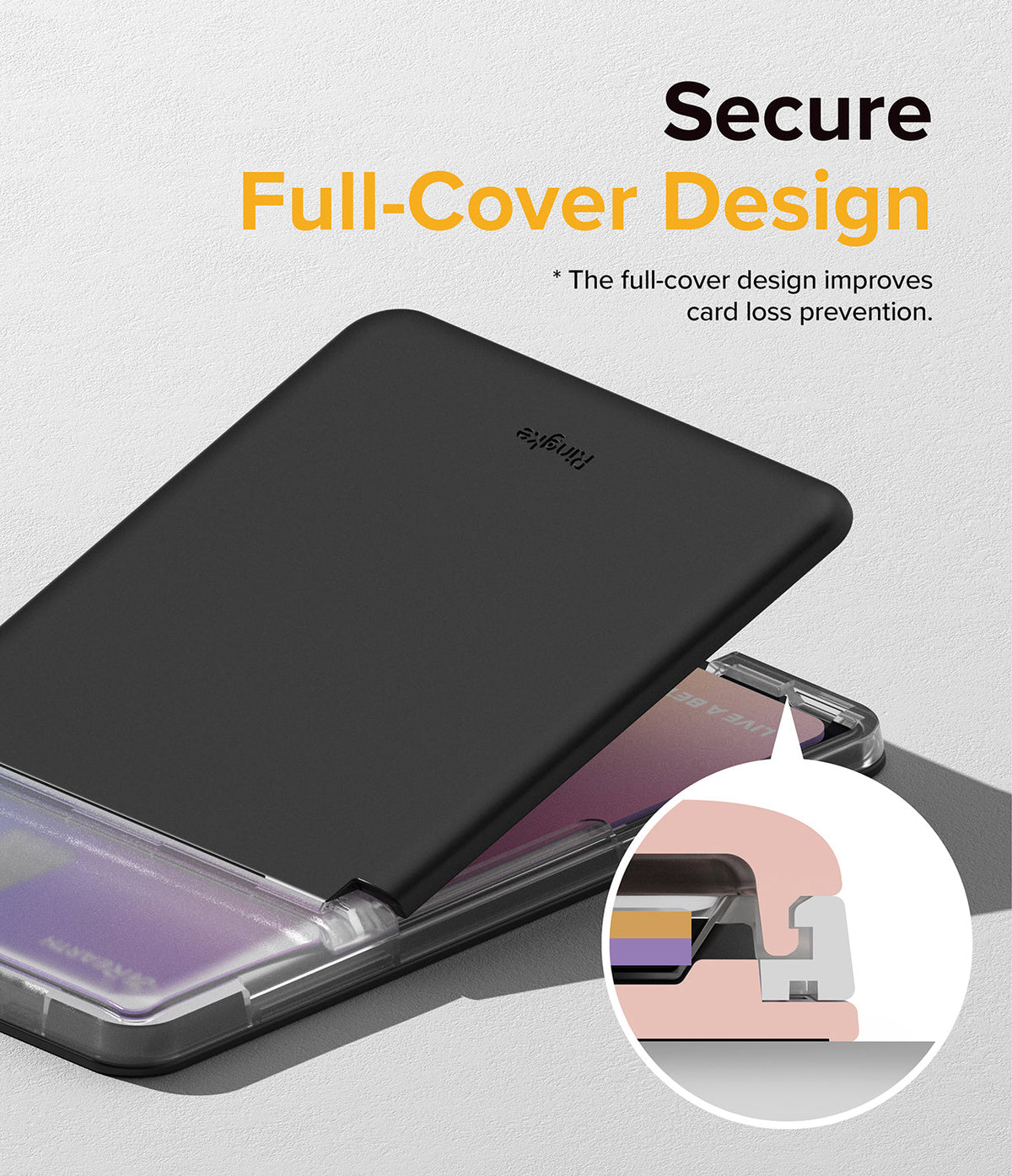 Card Holder | Stand Slot - Matte black card holder with a full-cover design and a diagram showing secure card retention.