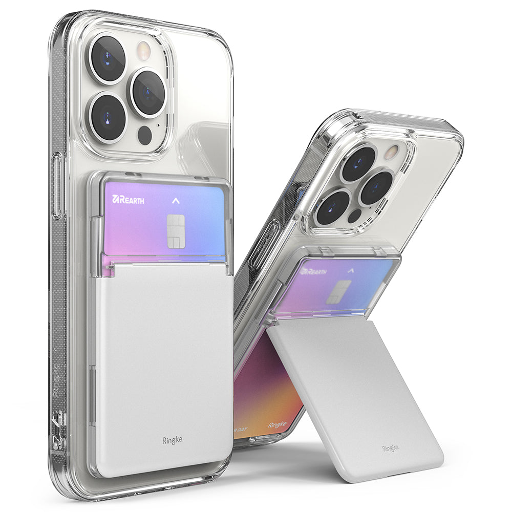 Card Holder | Stand Slot - Two clear phone cases with white card holders, one closed and one propped open as a kickstand.