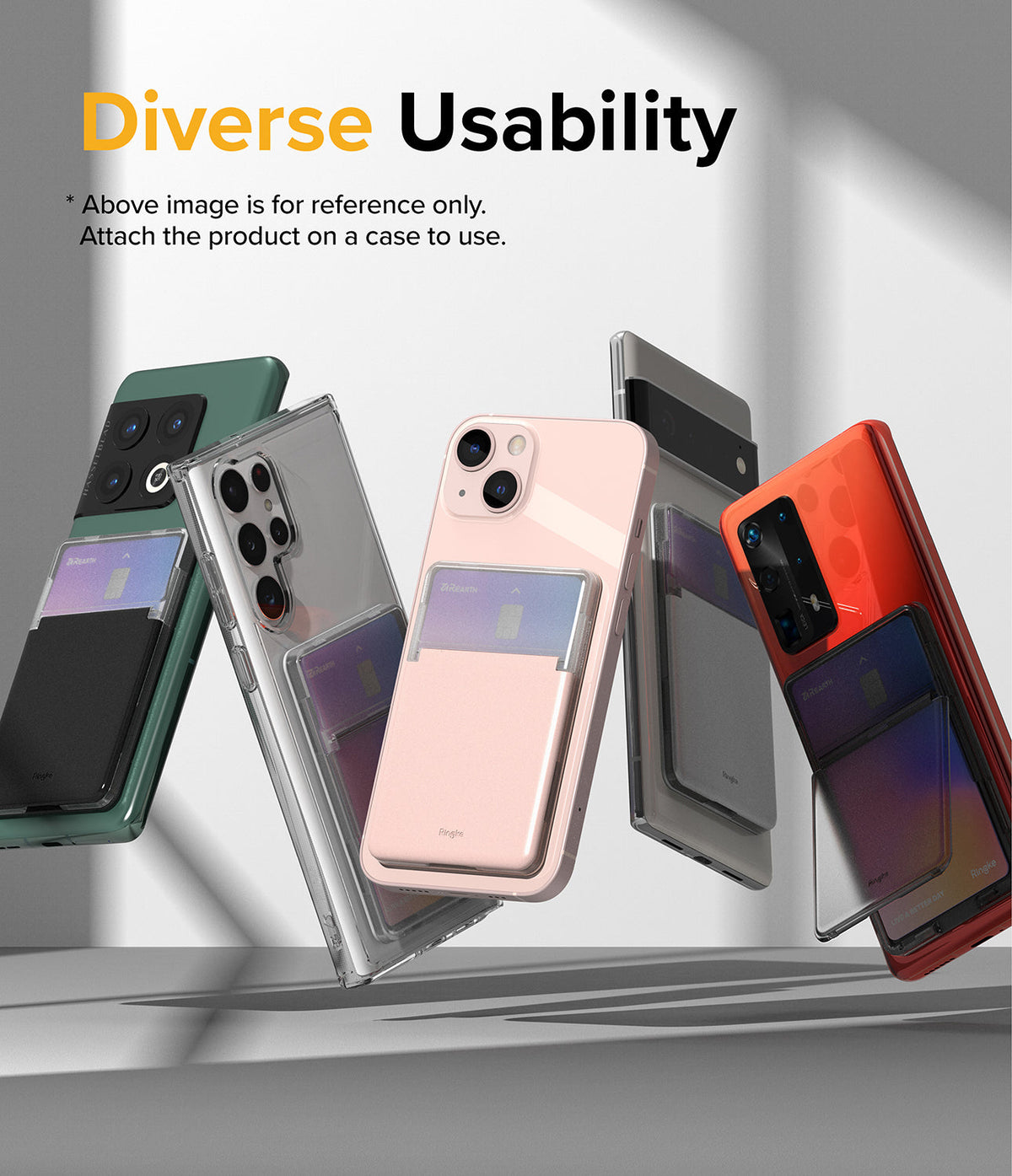 Card Holder | Stand Slot - Five smartphones with attached card holder stand slots displayed in various colors.