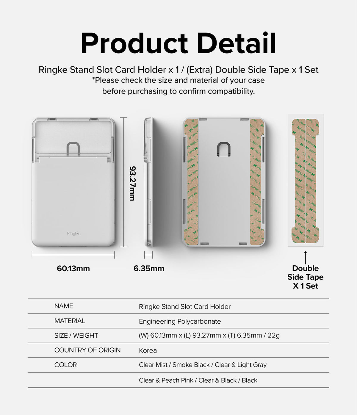 Card Holder | Stand Slot - Technical diagram showing dimensions, side profile, and adhesive tape for a clear card holder.