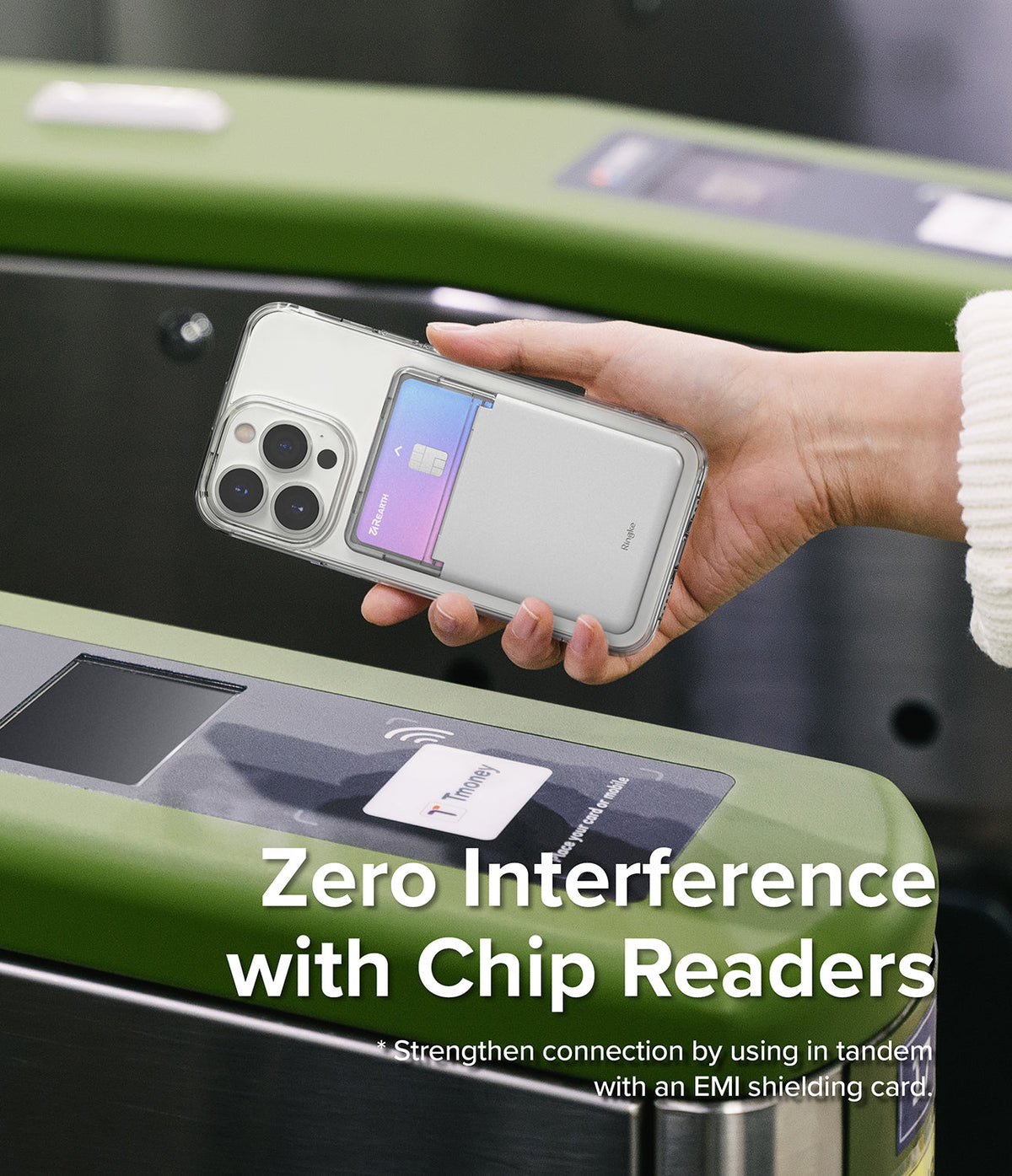 Card Holder | Stand Slot - Hand holding a phone with a card holder over a subway turnstile reader.