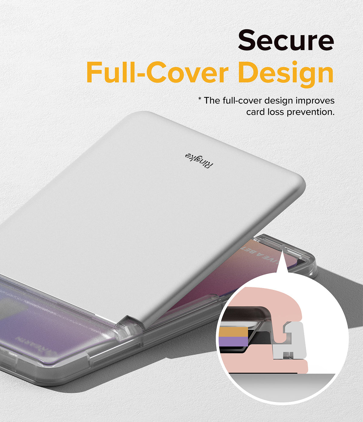Card Holder | Stand Slot - Light gray card holder with a secure full-cover design and a close-up diagram of the locking mechanism.