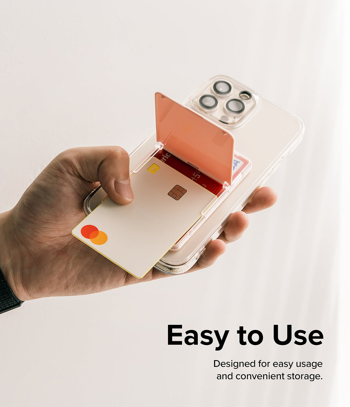Card Holder | Stand Slot - Hand holding a clear phone case with a flip-out stand revealing credit cards stored inside.