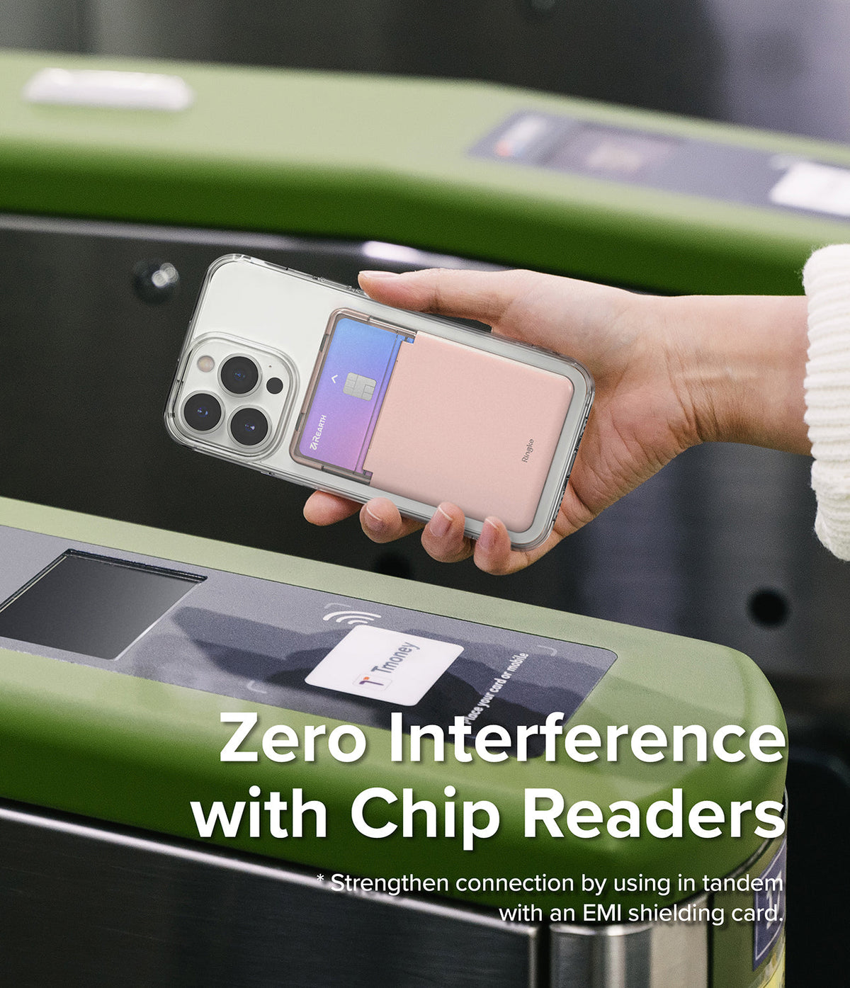 Card Holder | Stand Slot - Hand holding a phone with a card holder over a transit gate reader for contactless payment.