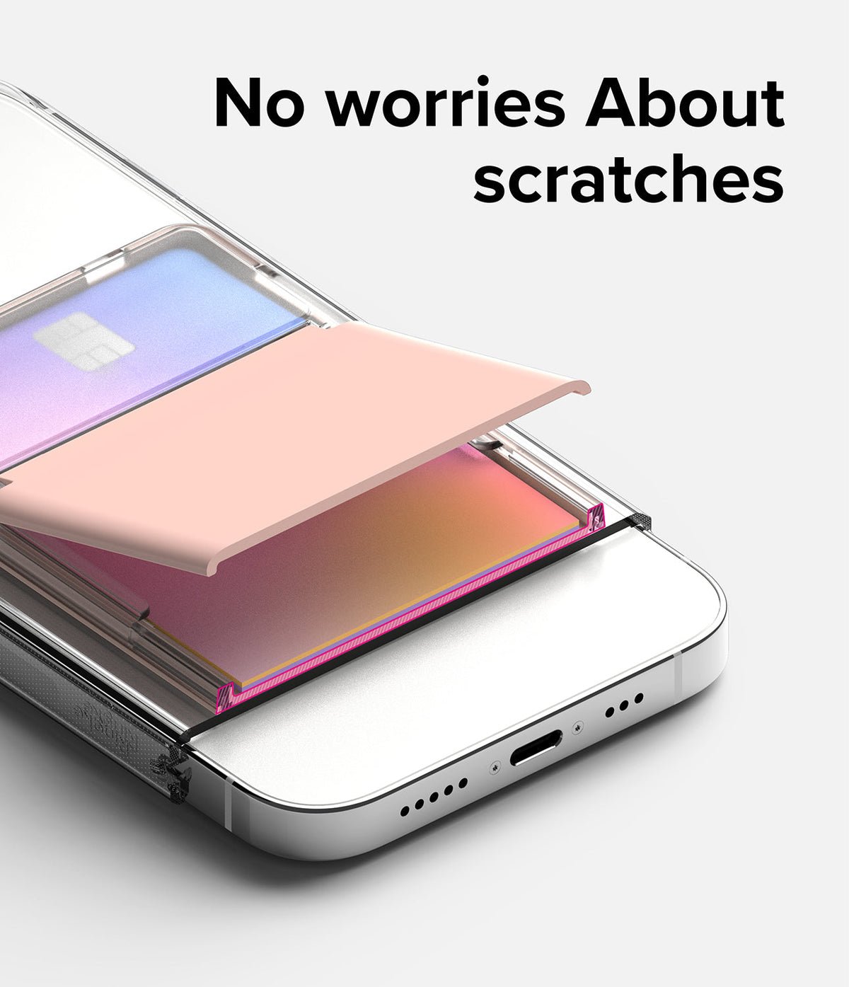 Card Holder | Stand Slot - A clear phone case with a pink protective flap covering a credit card slot to prevent scratches.
