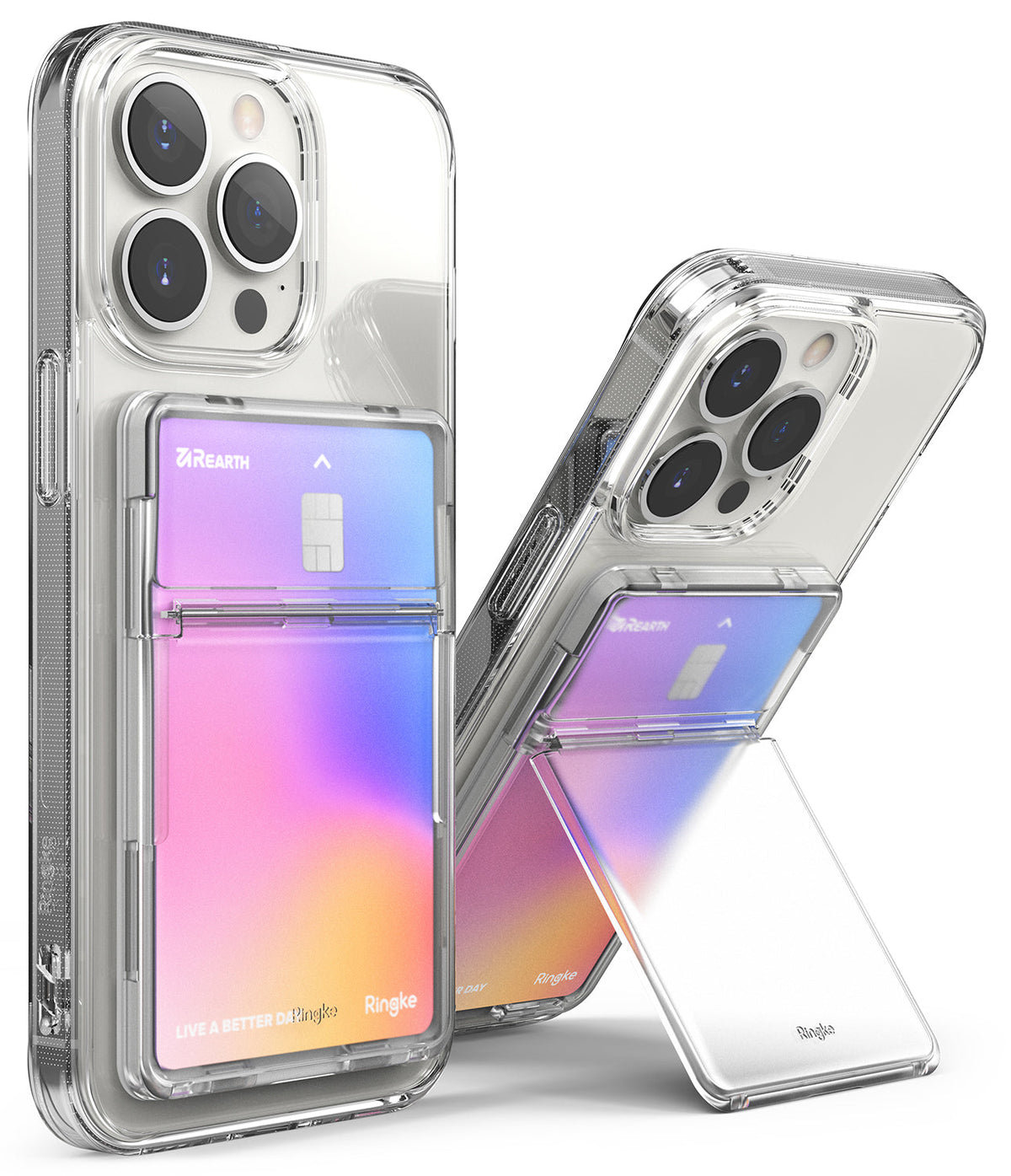Card Holder | Stand Slot - Clear phone case with an integrated card holder that folds out to function as a viewing stand.