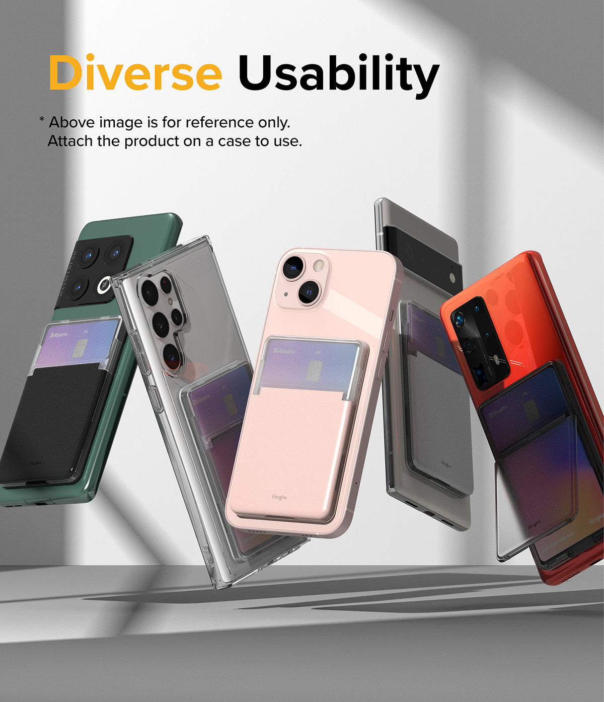 Card Holder | Stand Slot - Five smartphones in various colors with adhesive card holder stands attached to their backs.