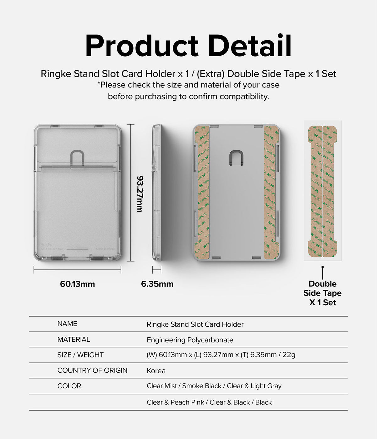 Card Holder | Stand Slot - Technical diagram showing dimensions, side profile, and adhesive tape for the Ringke card holder.