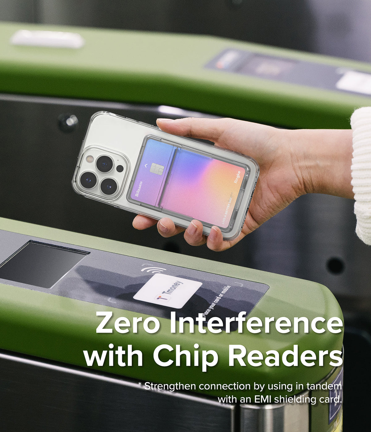 Card Holder | Stand Slot - Hand holding a phone with a card holder case over a transit turnstile chip reader.