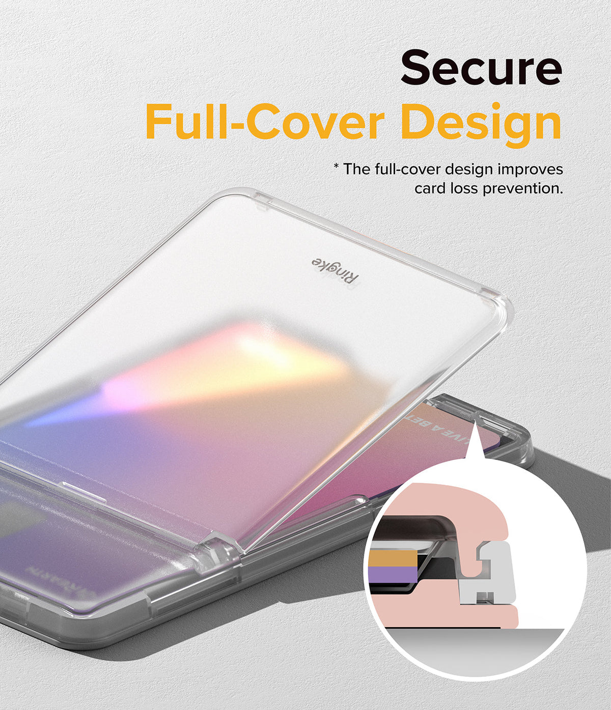Card Holder | Stand Slot - Clear card holder with a secure, full-cover design and a diagram showing the locking mechanism.