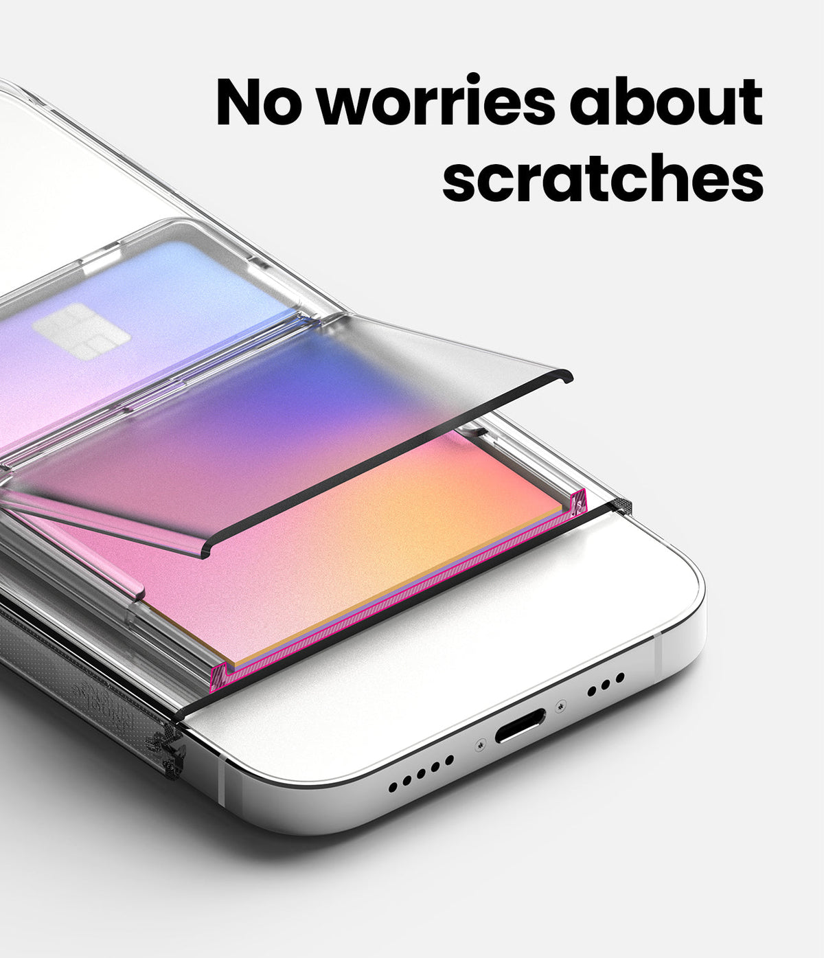 Card Holder | Stand Slot - A clear protective cover slides over a colorful credit card stored in a phone case.