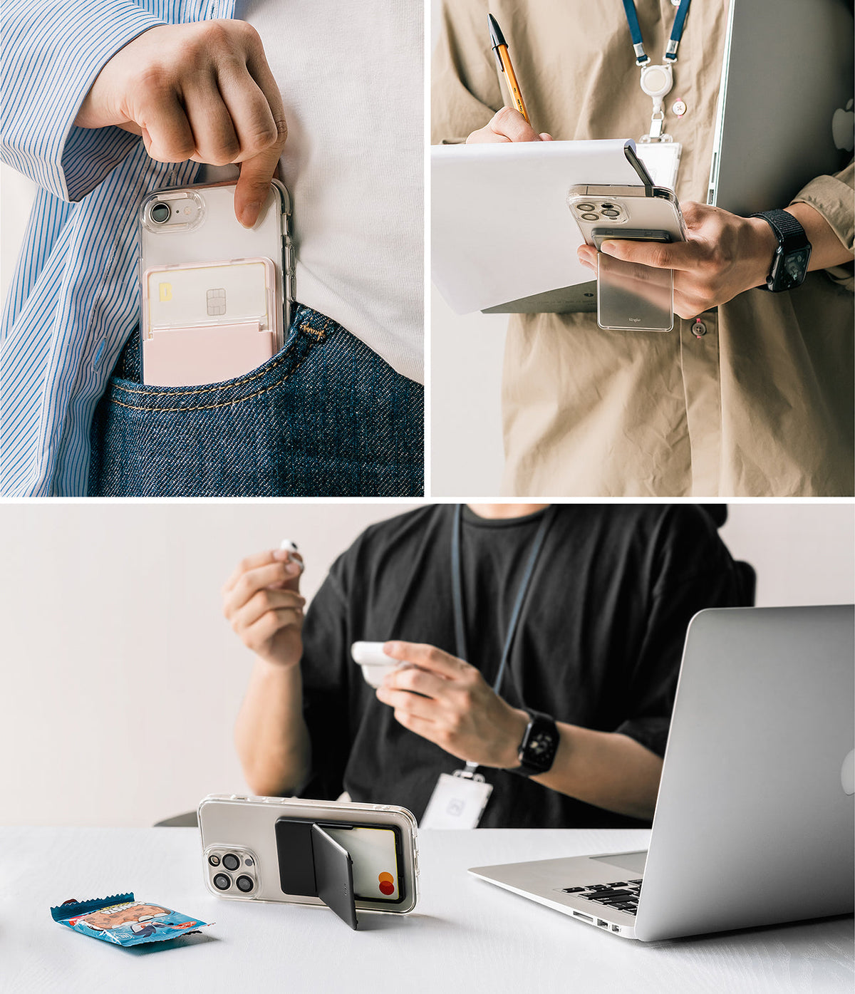 Card Holder | Stand Slot - Phone case with integrated card holder and kickstand used in pocket, hand, and on a desk.