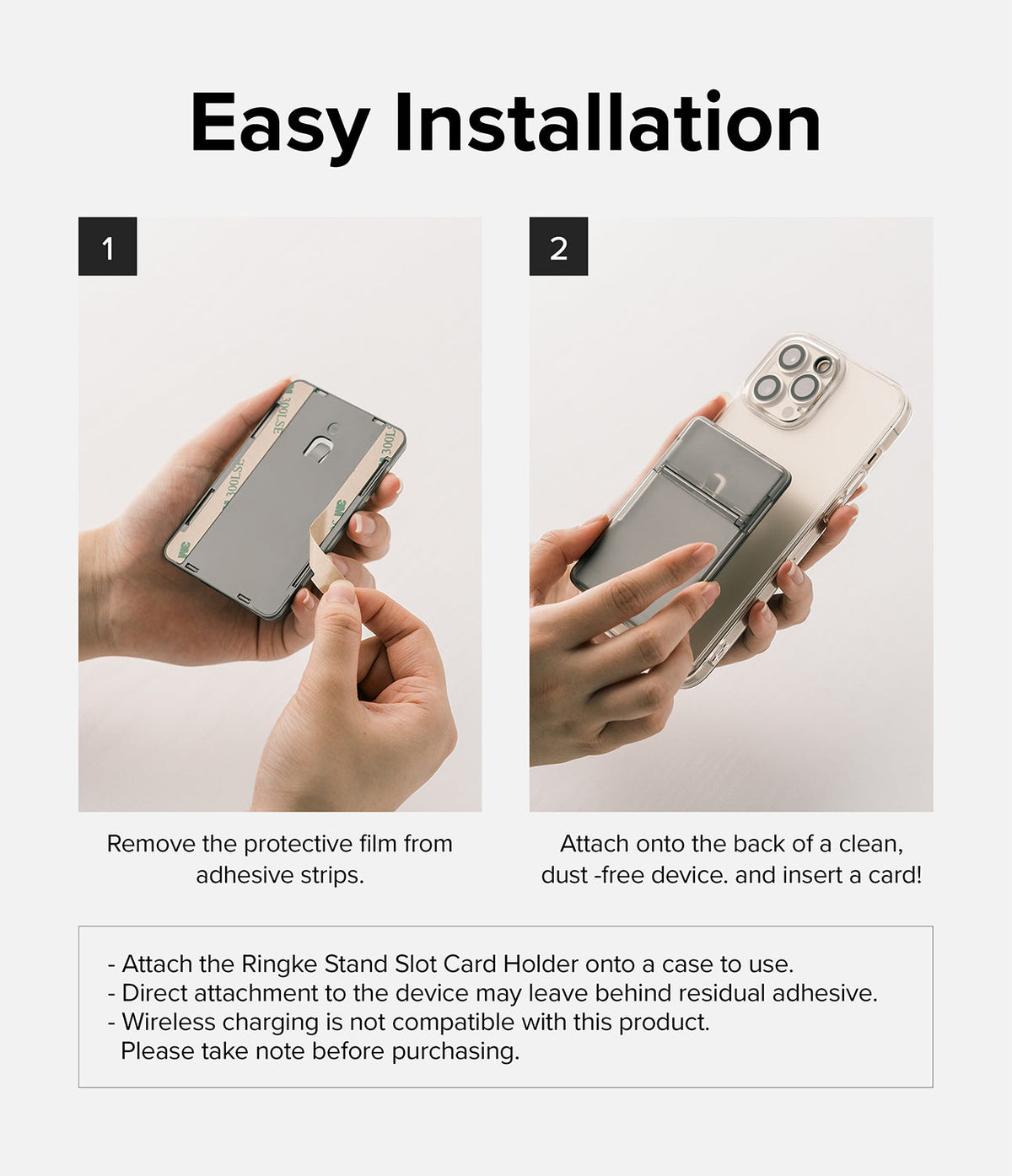 Card Holder | Stand Slot - Two-step installation guide showing adhesive film removal and attachment to the back of a smartphone.