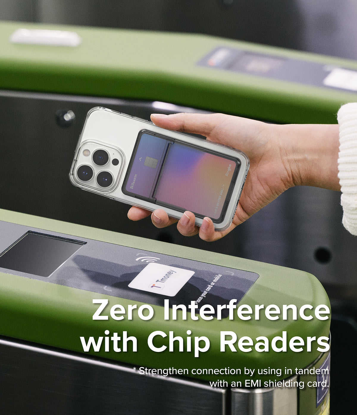 Card Holder | Stand Slot - Hand holding a phone with a card holder attached over a contactless transit gate reader.