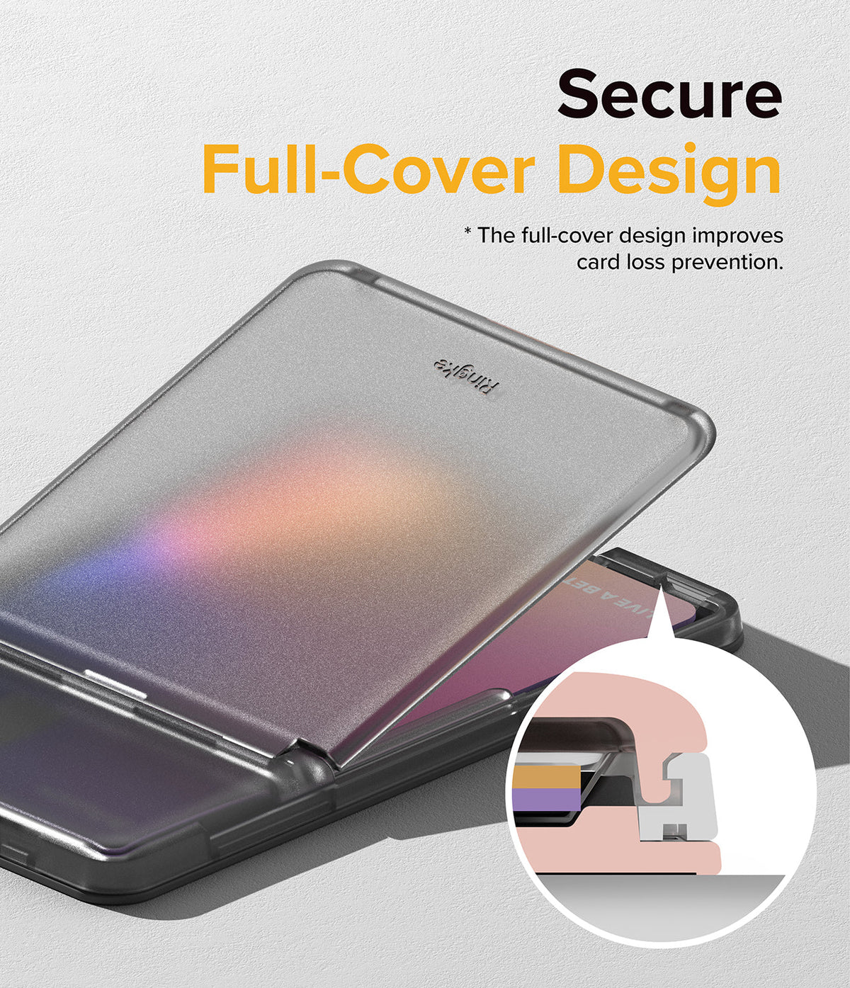 Card Holder | Stand Slot - A translucent card holder with a secure full-cover design and a diagram showing the locking mechanism.