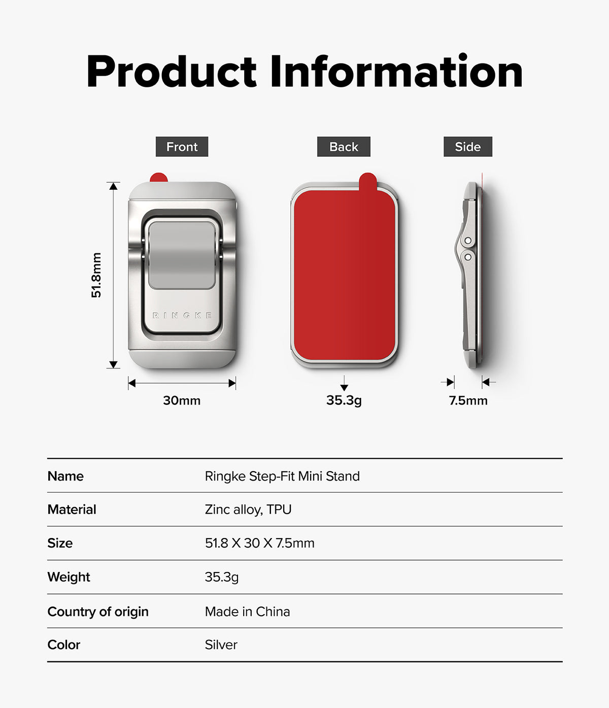 Step-Fit Mini Stand - Product information diagram for a Ringke Step-Fit Mini Stand, showing front, back, and side views with dimensions, plus a specification table listing material, size, weight, country of origin, and color.