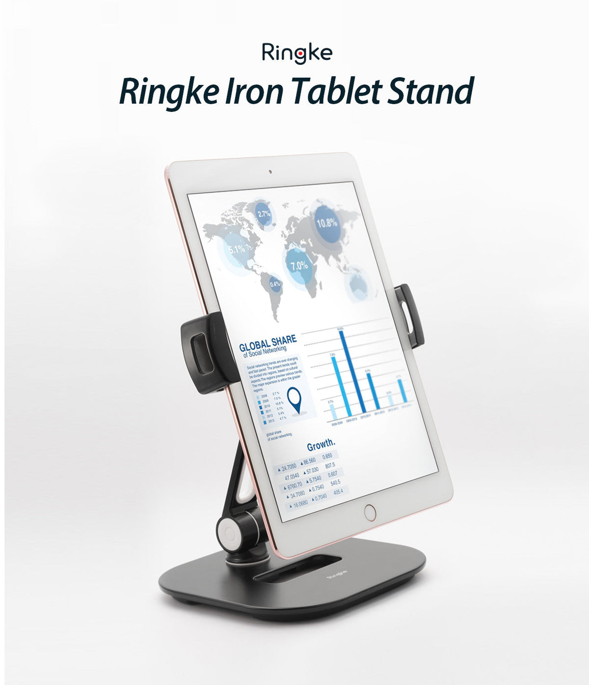 Iron Tablet Stand - A tablet displaying global social networking data mounted on an adjustable black metal stand.