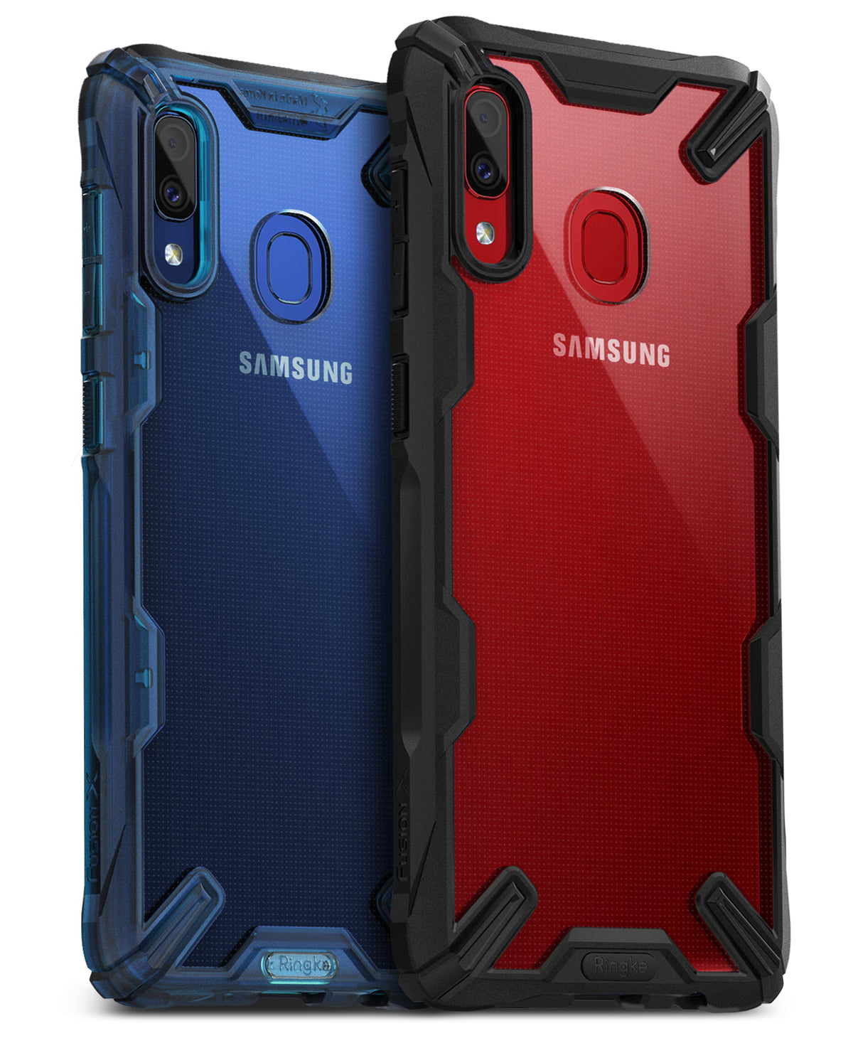 Galaxy A20 Case | Fusion-X - Two rugged, transparent phone cases in blue and red with black reinforced corners.