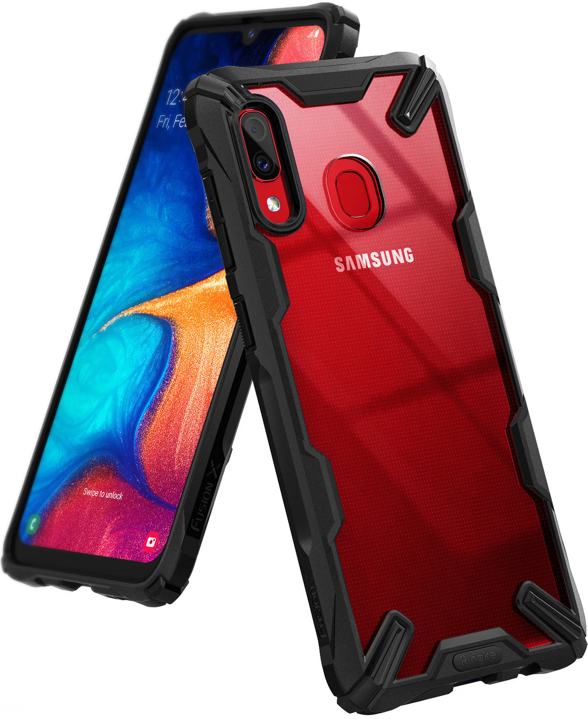 Galaxy A20 Case | Fusion-X - Red Samsung Galaxy A20 in a rugged black and transparent Fusion-X protective case.