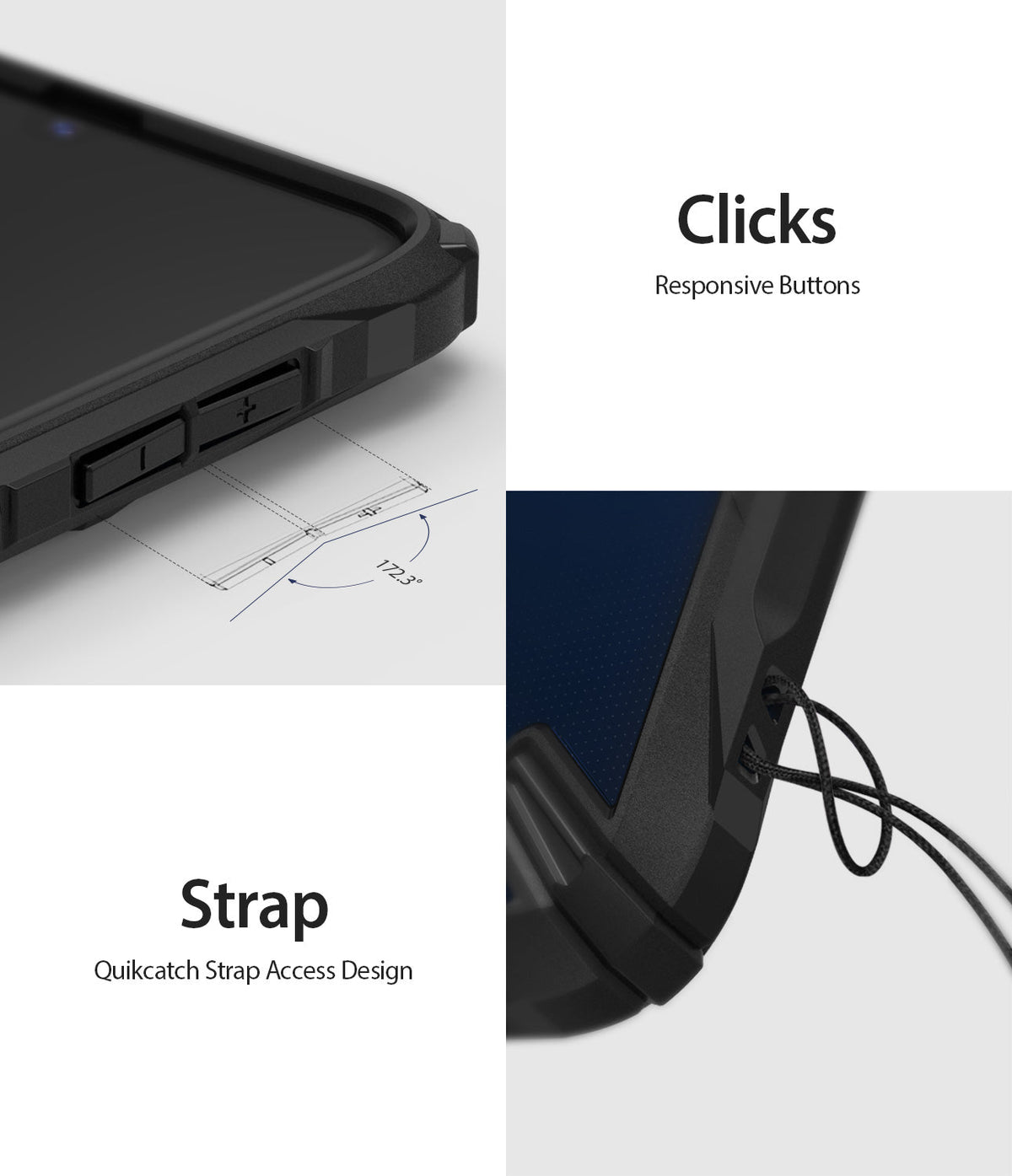 Galaxy A20 Case | Fusion-X - Close-up of responsive buttons and a Quikcatch strap hole on a black protective phone case.
