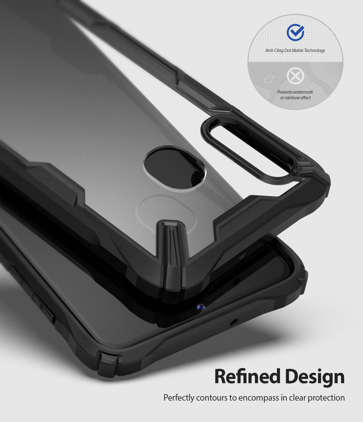 Galaxy A20 Case | Fusion-X - Clear phone case with black frame and dot matrix technology to prevent watermarks.