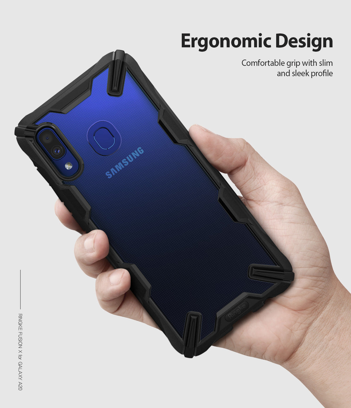 Galaxy A20 Case | Fusion-X - Hand holding a Samsung Galaxy A20 with a black Fusion-X protective case, highlighting its grip.