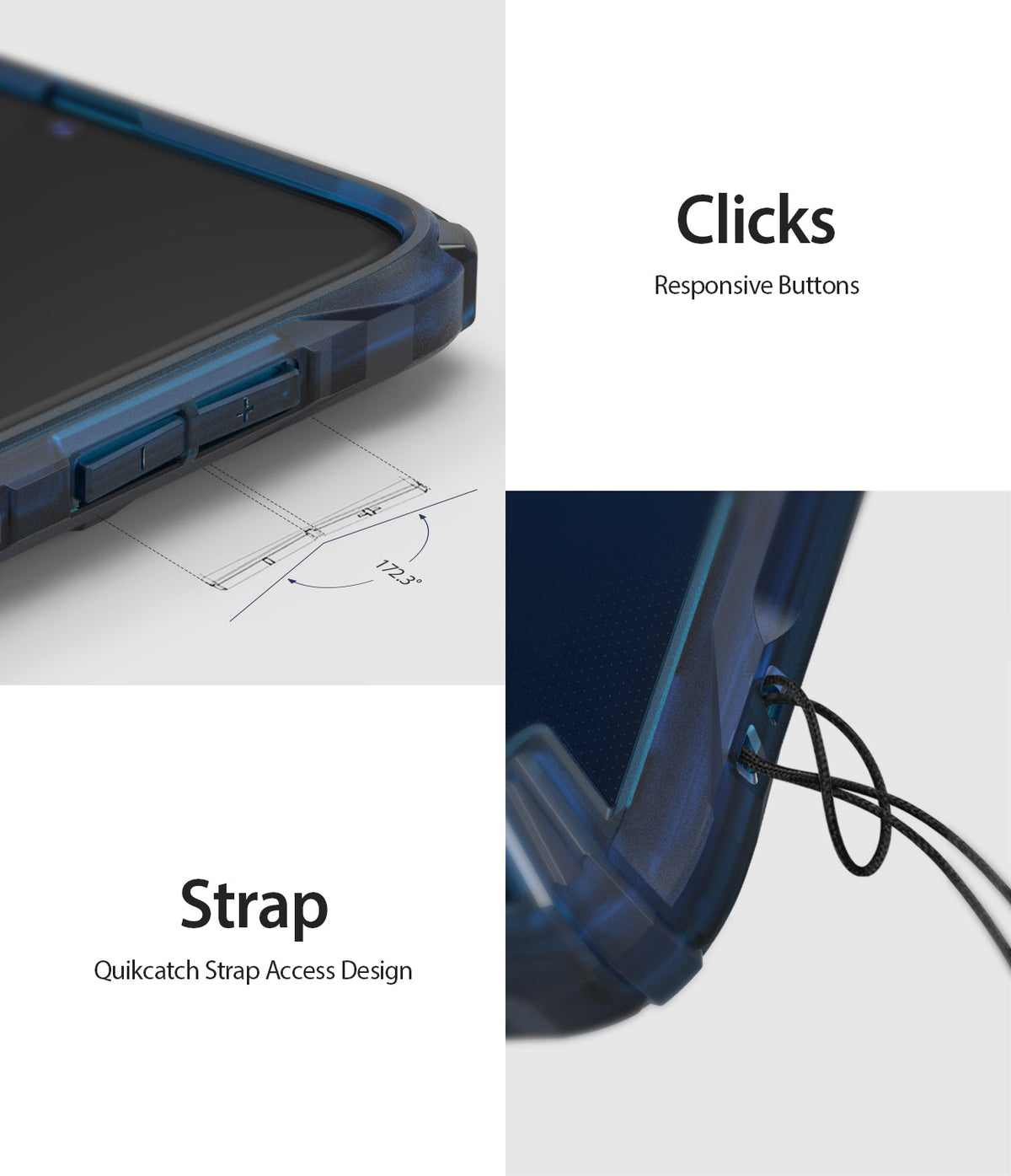 Galaxy A20 Case | Fusion-X - Close-up of blue phone case showing responsive buttons and a Quikcatch strap hole with a lanyard.