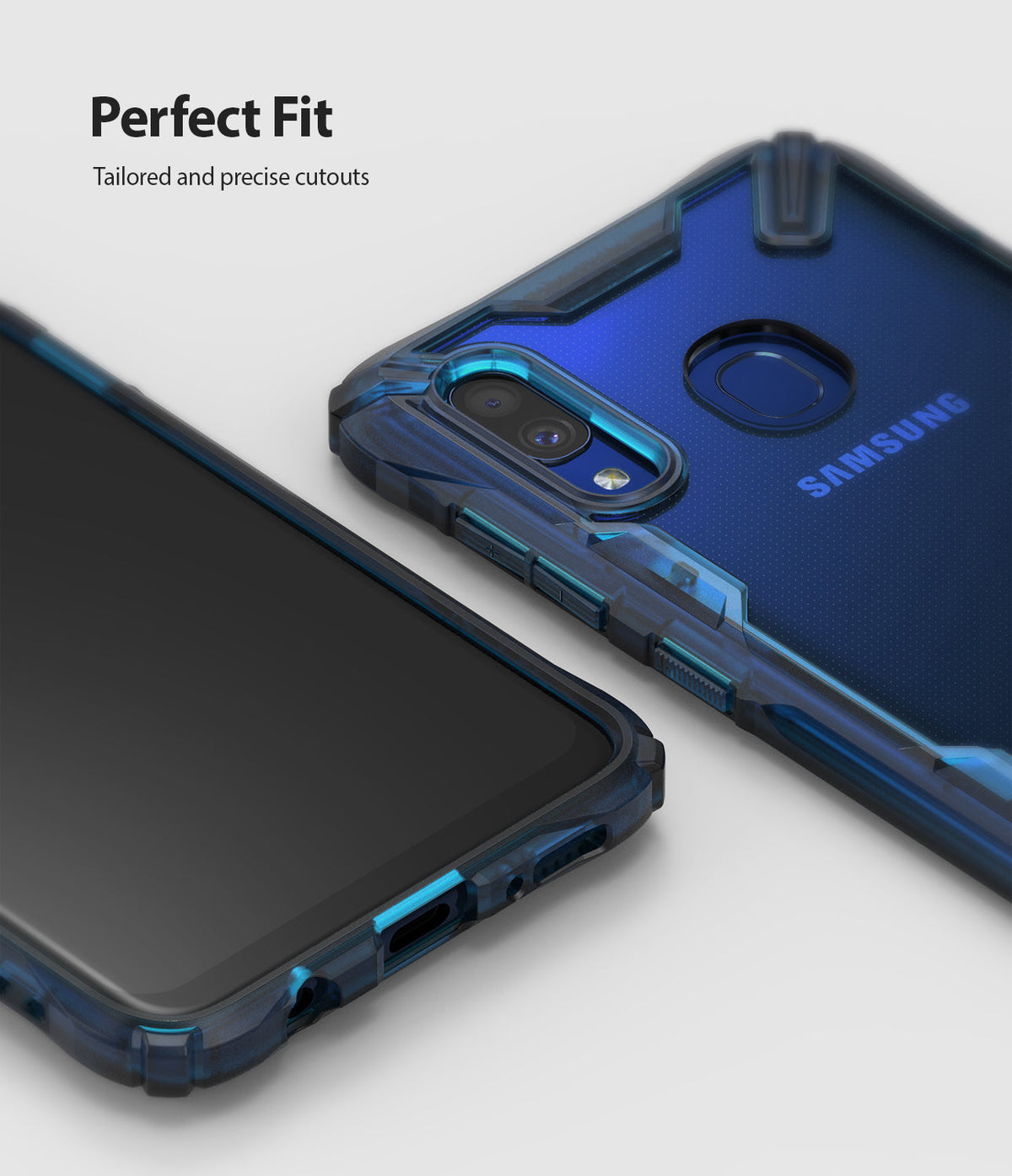 Galaxy A20 Case | Fusion-X - Blue translucent protective case on a Samsung Galaxy A20 showing precise camera and port cutouts.