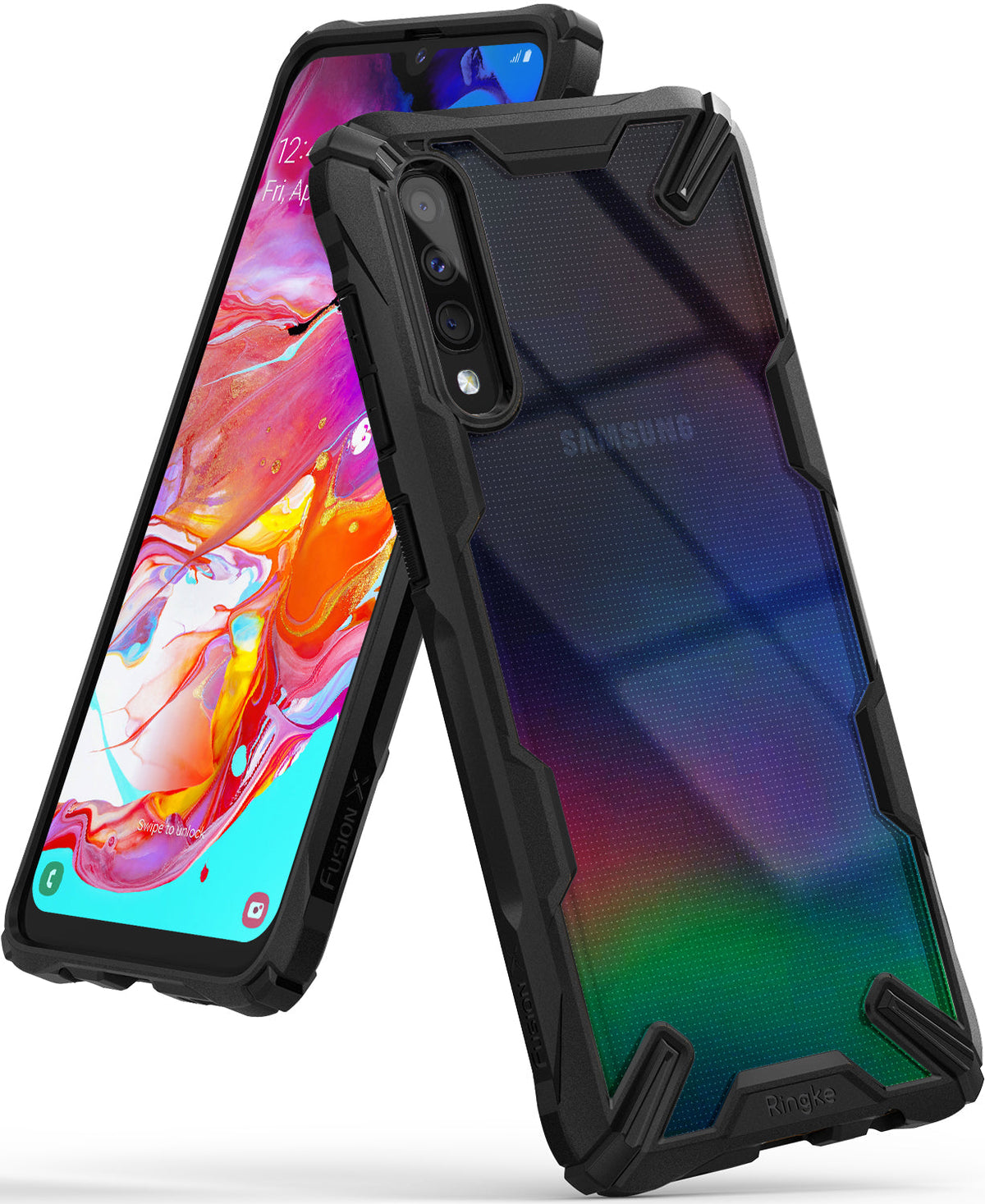 Galaxy A70 Case | Fusion-X - Samsung Galaxy A70 in a rugged black Fusion-X case with a clear back and vibrant abstract screen display.