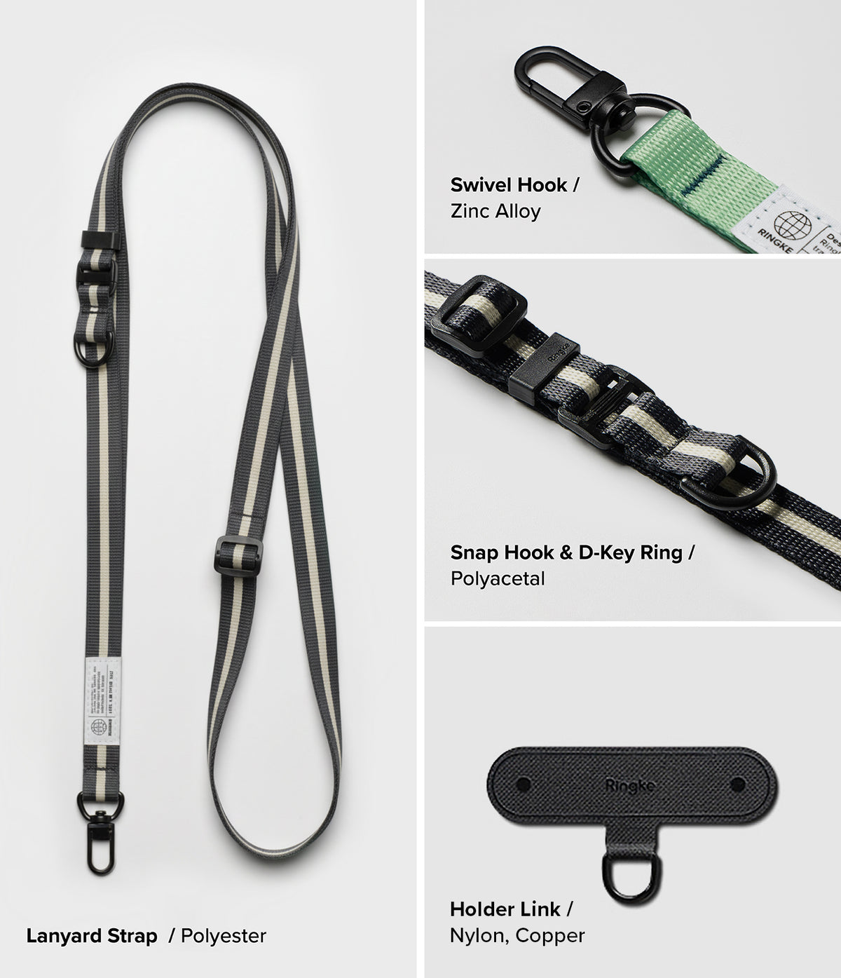 Holder Link & Snap Hook Lanyard Strap - Detailed views of a striped polyester lanyard, zinc swivel hook, and holder link.