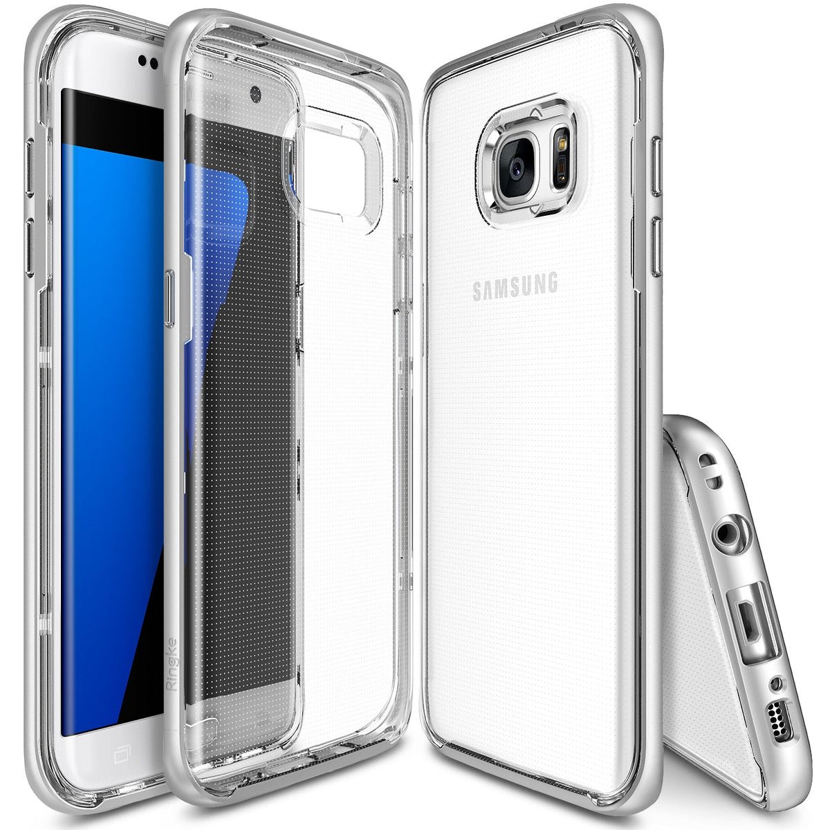 Galaxy S7 Edge Case | Frame - Clear protective phone case shown from front, back, and bottom angles on a white background.
