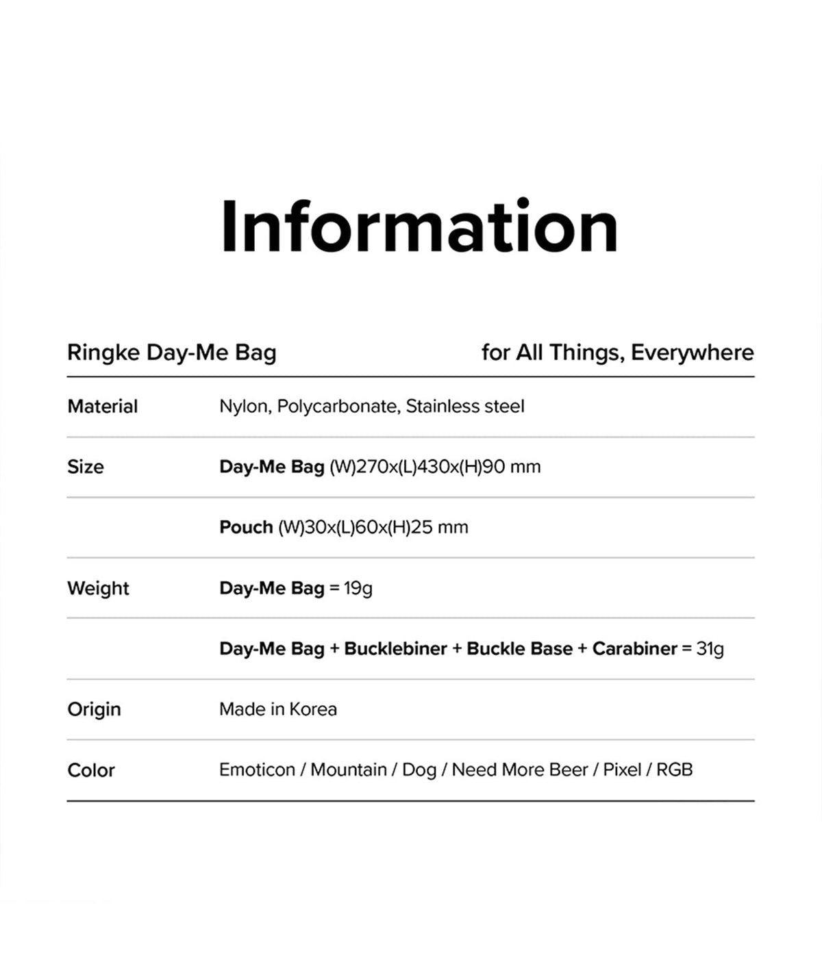 Day-Me Bag - A table listing material, size, weight, origin, and color options for the Ringke Day-Me Bag.