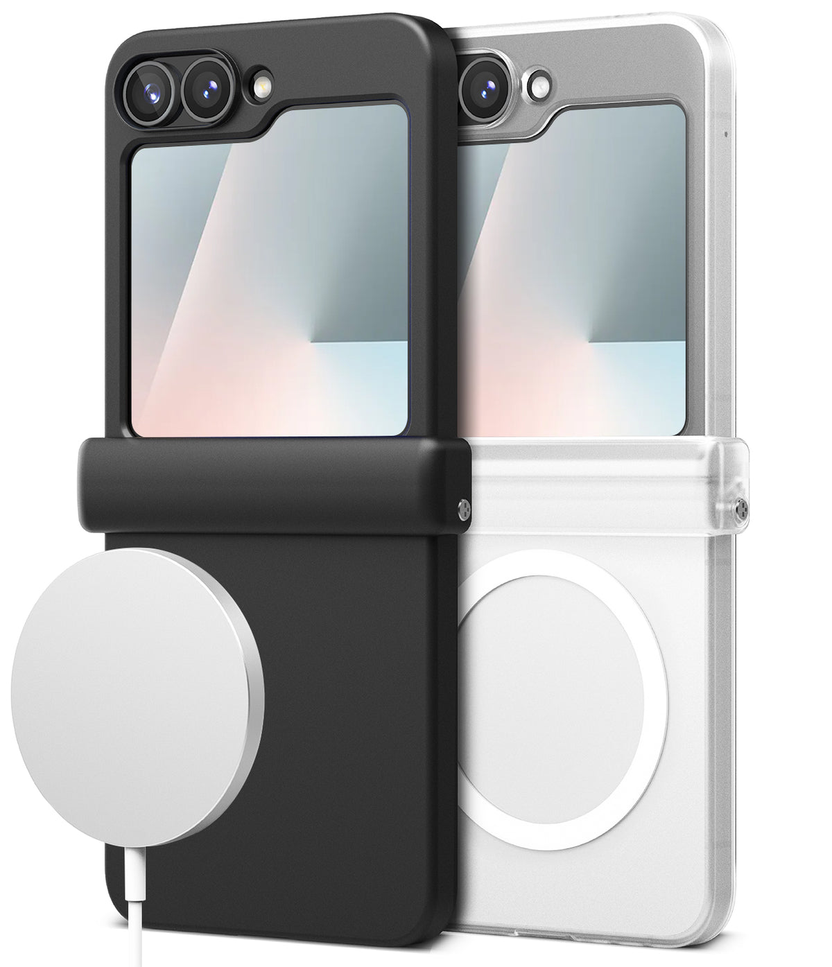 Galaxy Z Flip 7 FE Case | Slim Hinge Magnetic - Black and clear magnetic phone cases for Galaxy Z Flip with hinge protection.