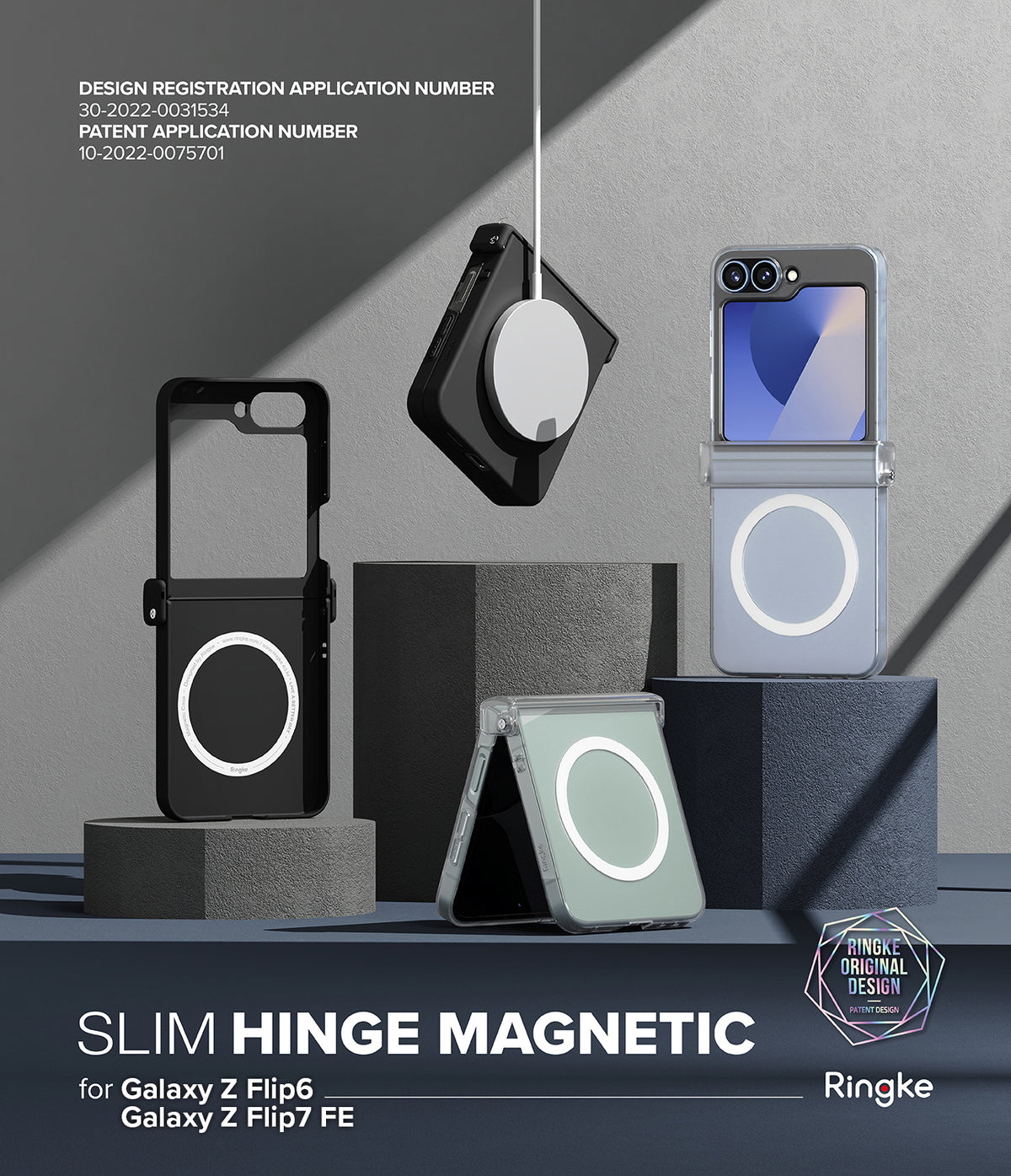 Galaxy Z Flip 7 FE Case | Slim Hinge Magnetic - Magnetic phone cases for Galaxy Z Flip displayed on geometric blocks.
