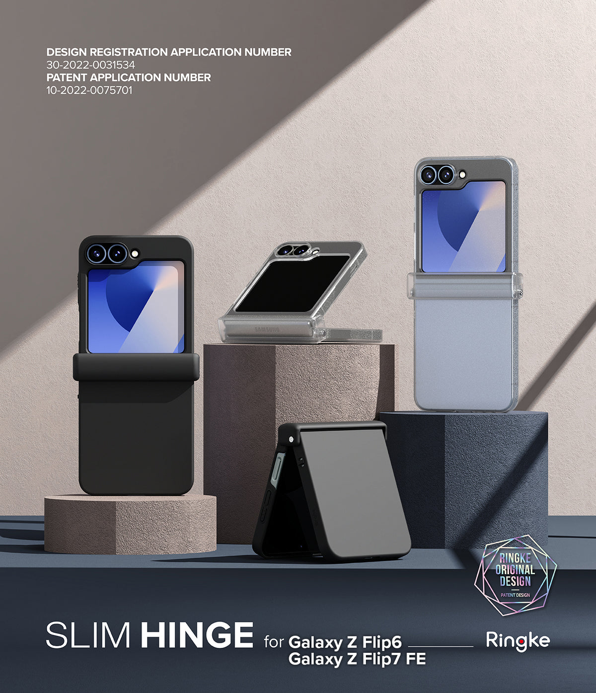 Galaxy Z Flip 7 FE Case | Slim Hinge - Four Galaxy Z Flip phones in slim hinge cases displayed on geometric pedestals.