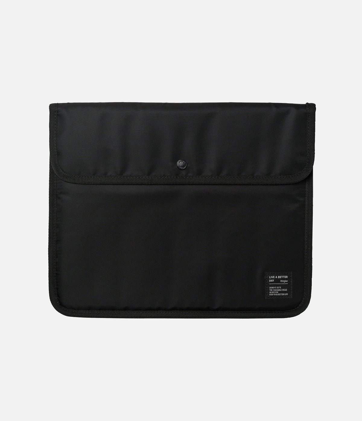 Pad Pouch | Slim Sleeve - Minimalist black tablet sleeve with a snap-button flap and a small branded fabric label.