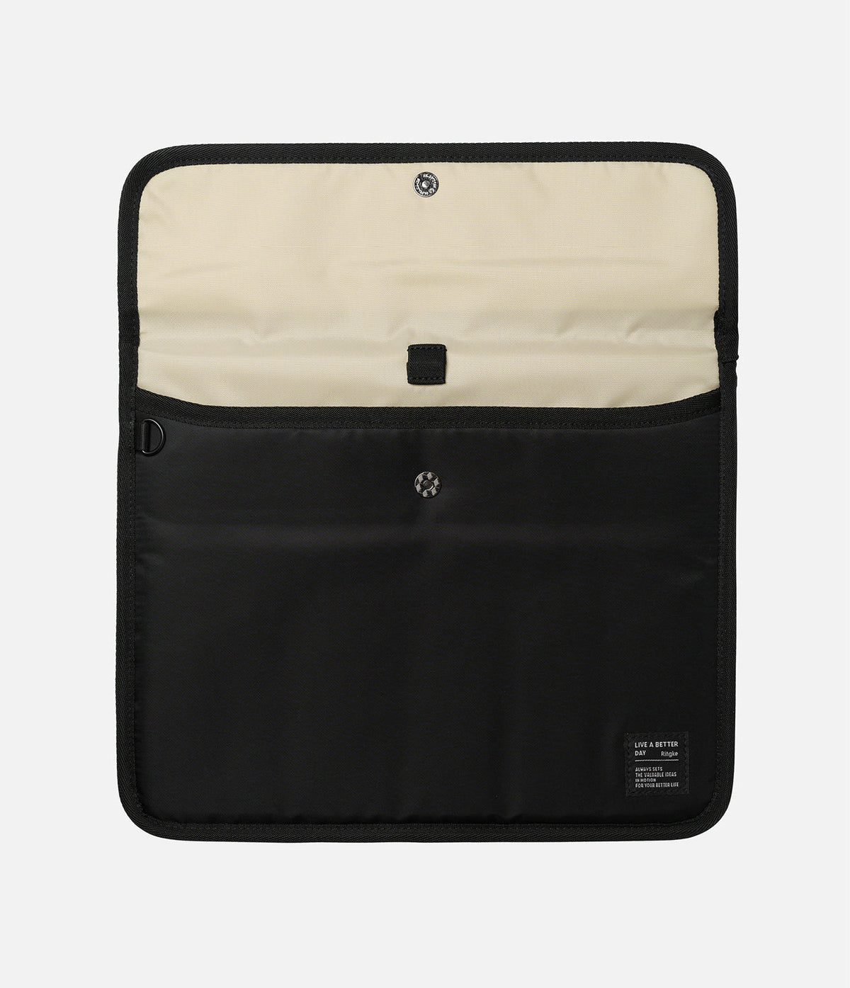 Pad Pouch | Slim Sleeve - Open black tablet sleeve with a beige interior, snap button closure, and a small brand label.