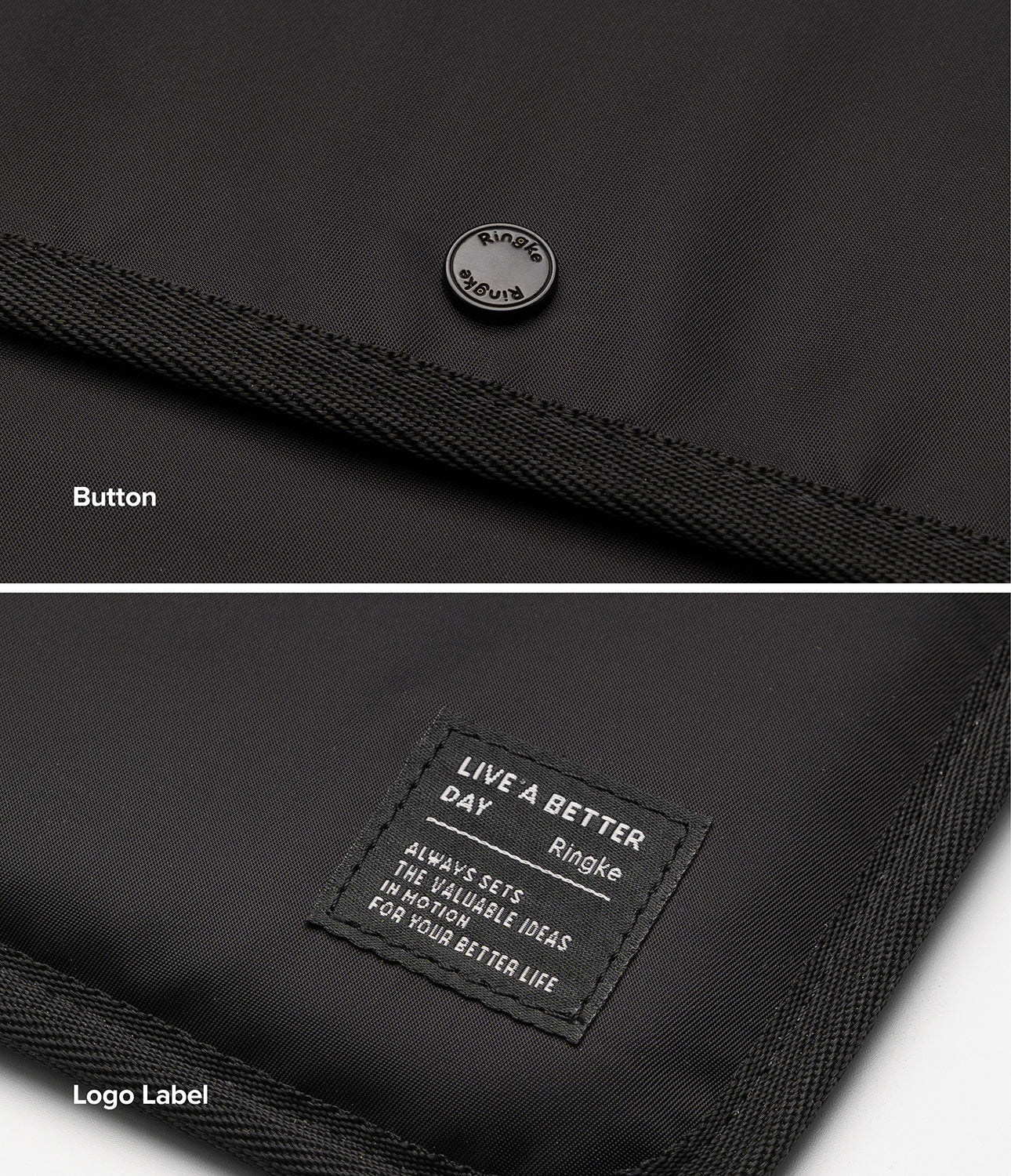 Pad Pouch | Slim Sleeve - Close-up of a black fabric sleeve featuring a branded snap button and a rectangular logo patch.