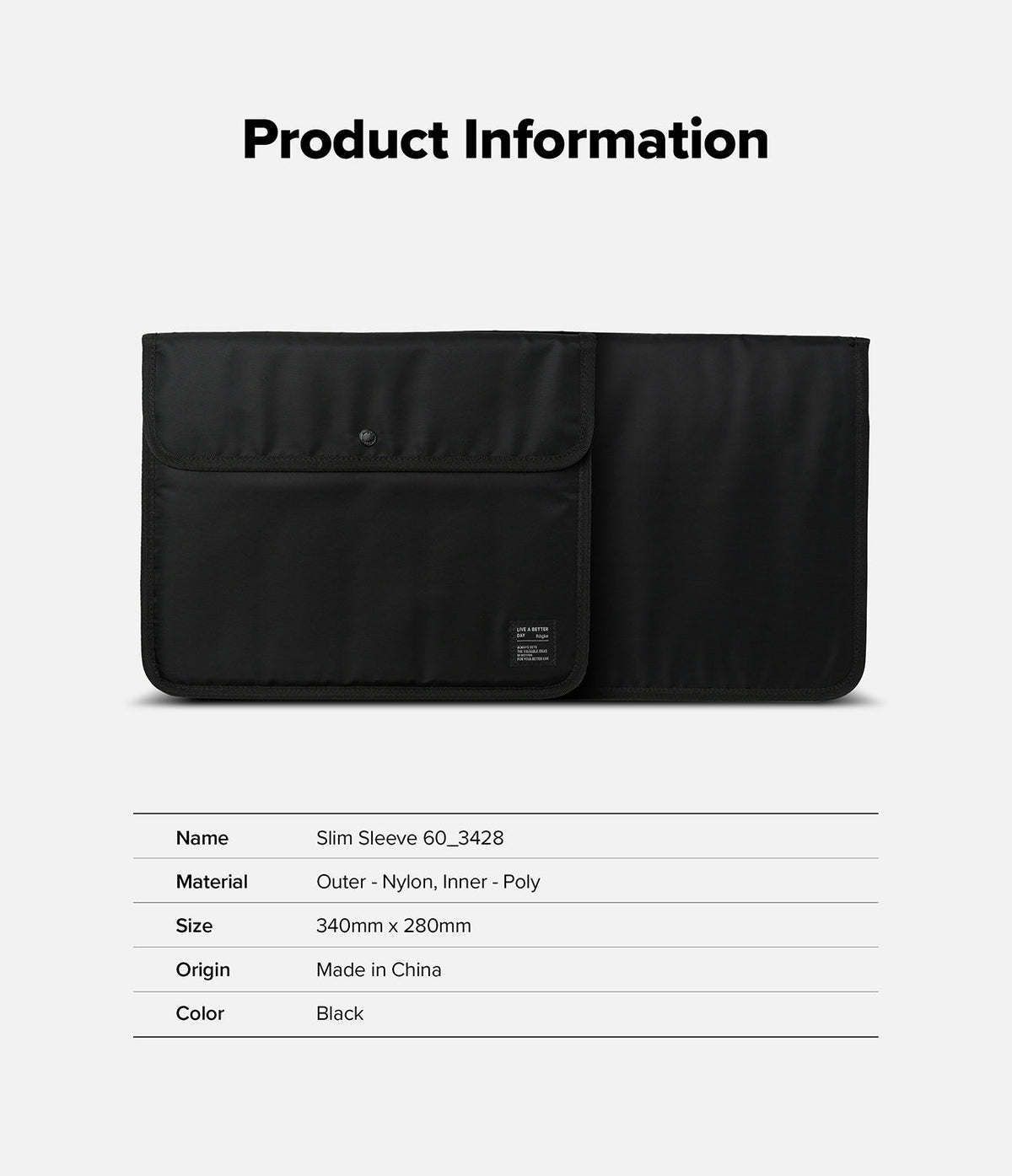 Pad Pouch | Slim Sleeve - Black nylon tablet sleeve with a snap button closure and product specifications table below.